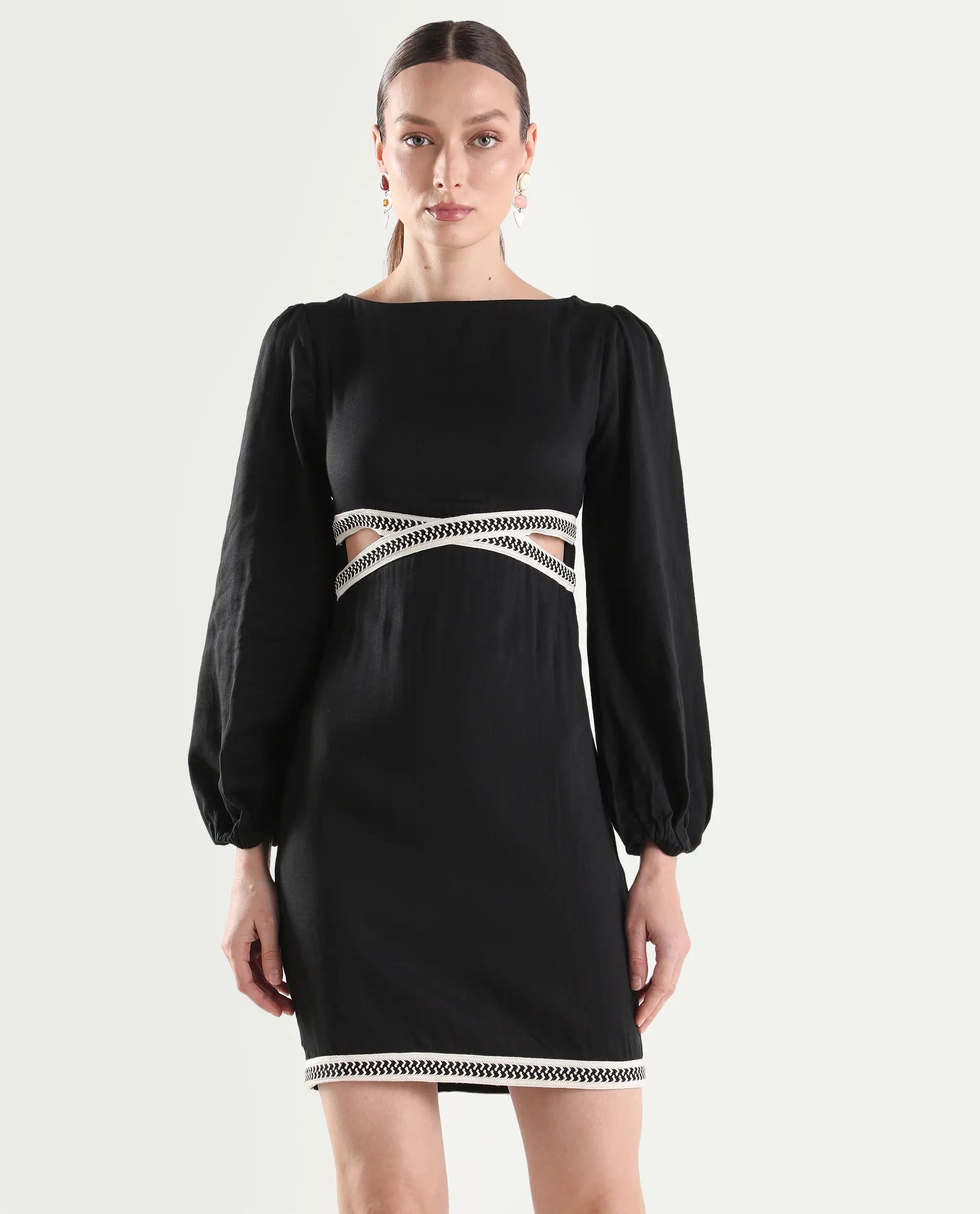 Rareism Women's Catya Black Cotton Blend Full Sleeve Bodycon Plain Dress