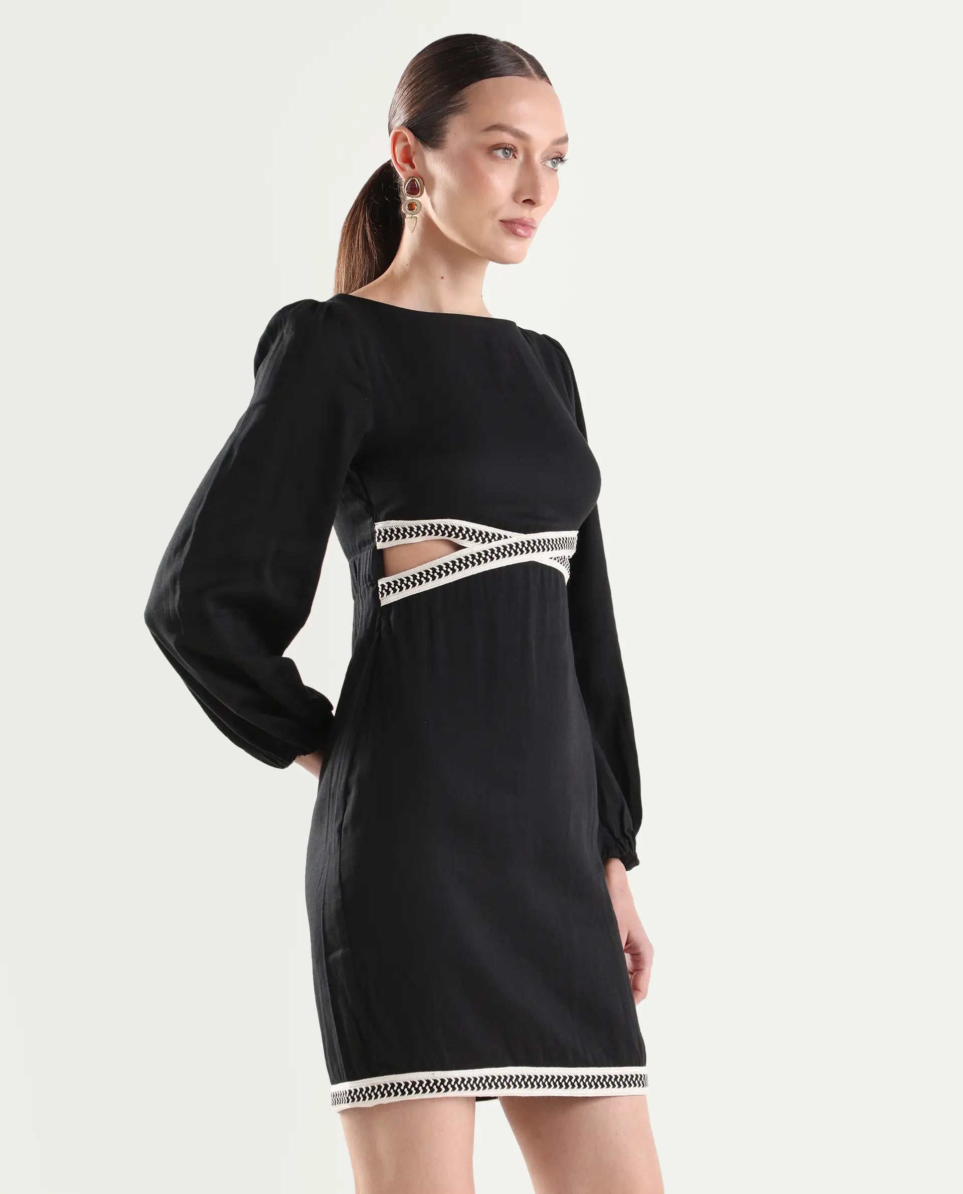 Rareism Women's Catya Black Cotton Blend Full Sleeve Bodycon Plain Dress