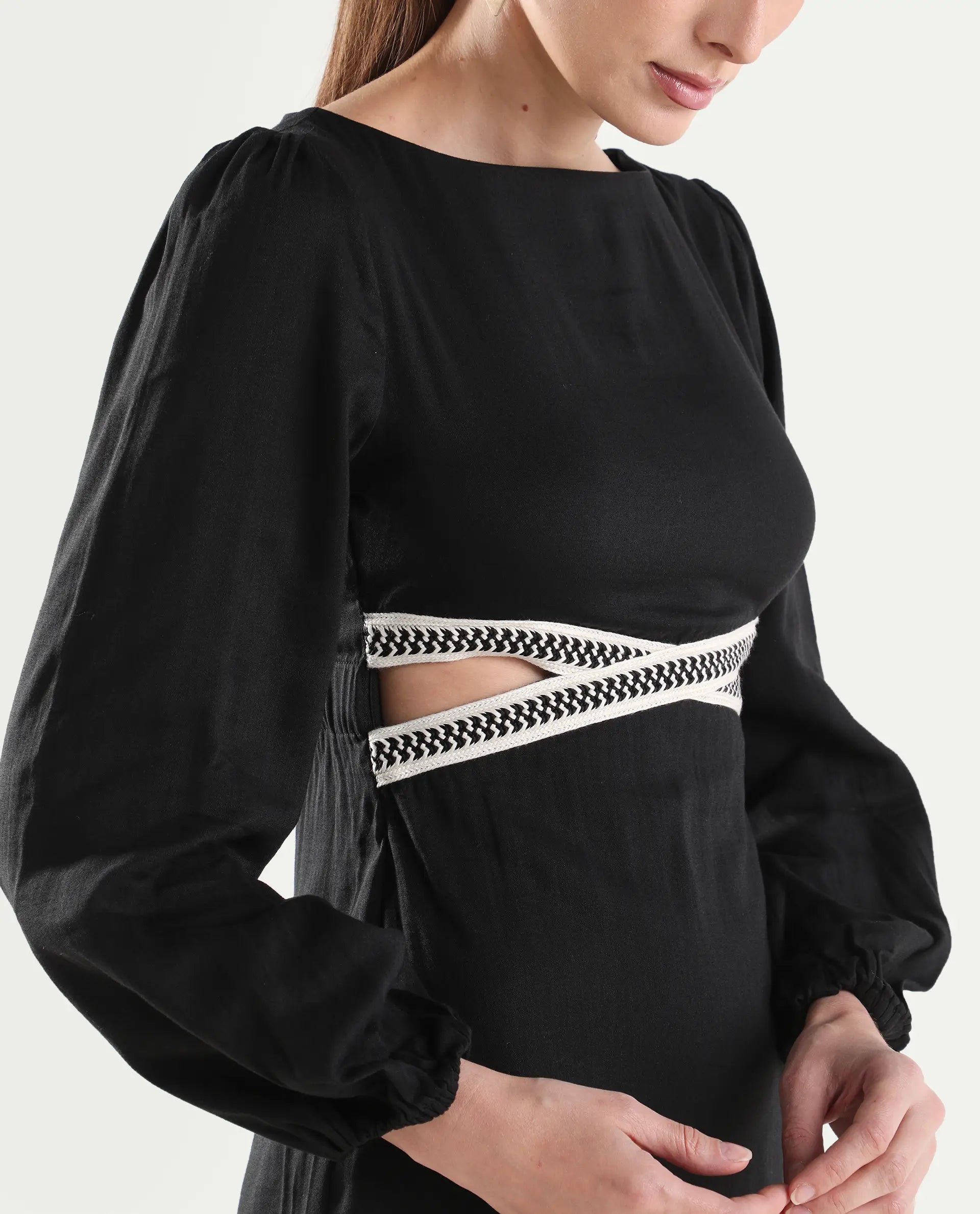Rareism Women's Catya Black Cotton Blend Full Sleeve Bodycon Plain Dress