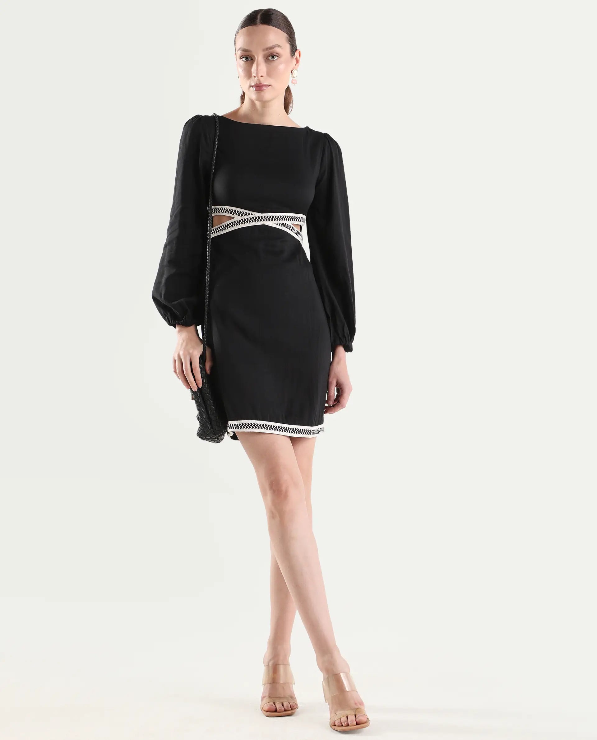 Rareism Women's Catya Black Cotton Blend Full Sleeve Bodycon Plain Dress