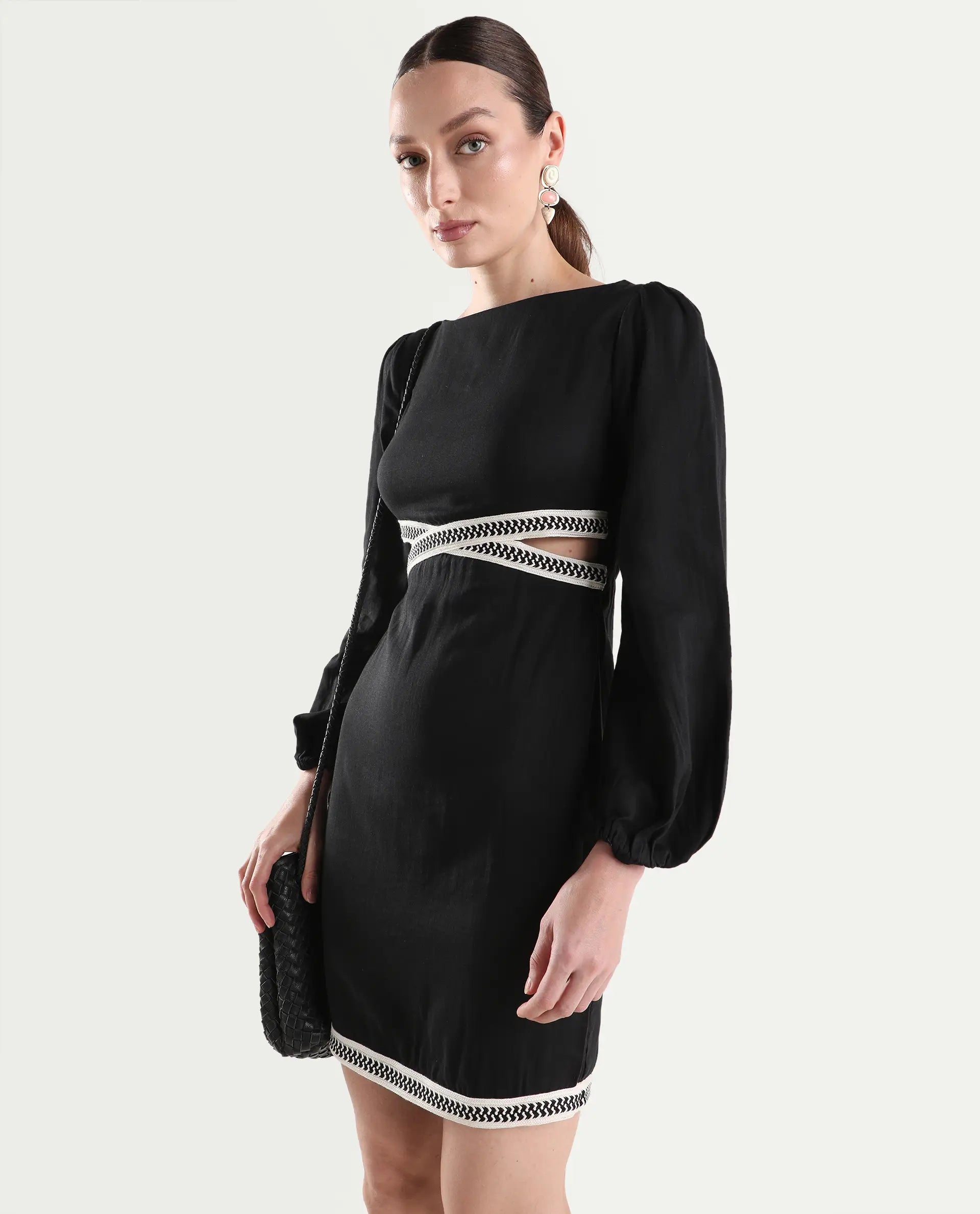 Rareism Women's Catya Black Cotton Blend Full Sleeve Bodycon Plain Dress