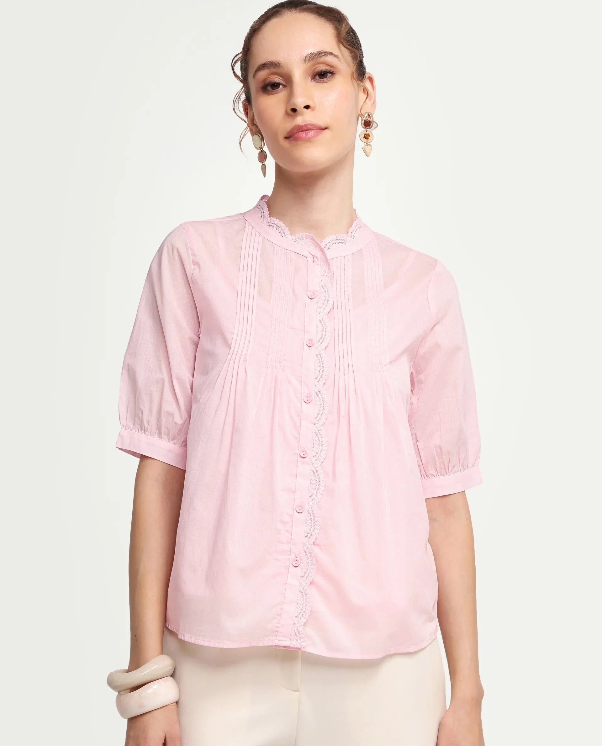 Rareism Women's Ceni Light Pink Cotton Half Sleeve Regular Fit Plain Top