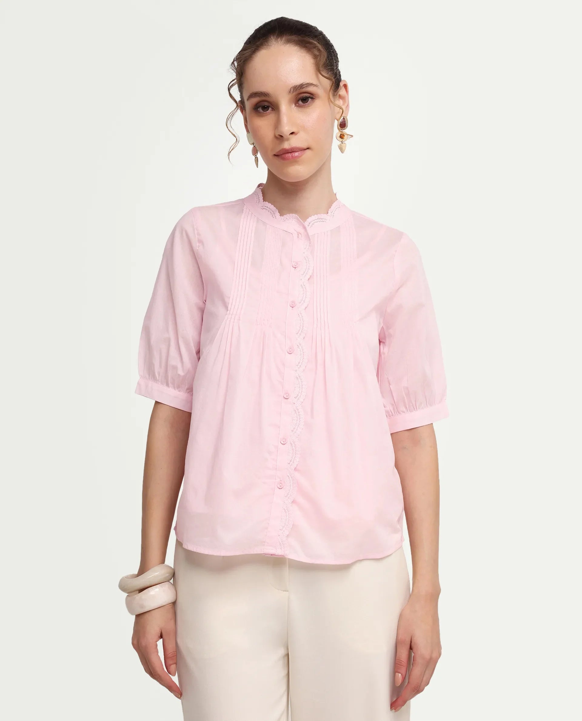 Rareism Women's Ceni Light Pink Cotton Half Sleeve Regular Fit Plain Top