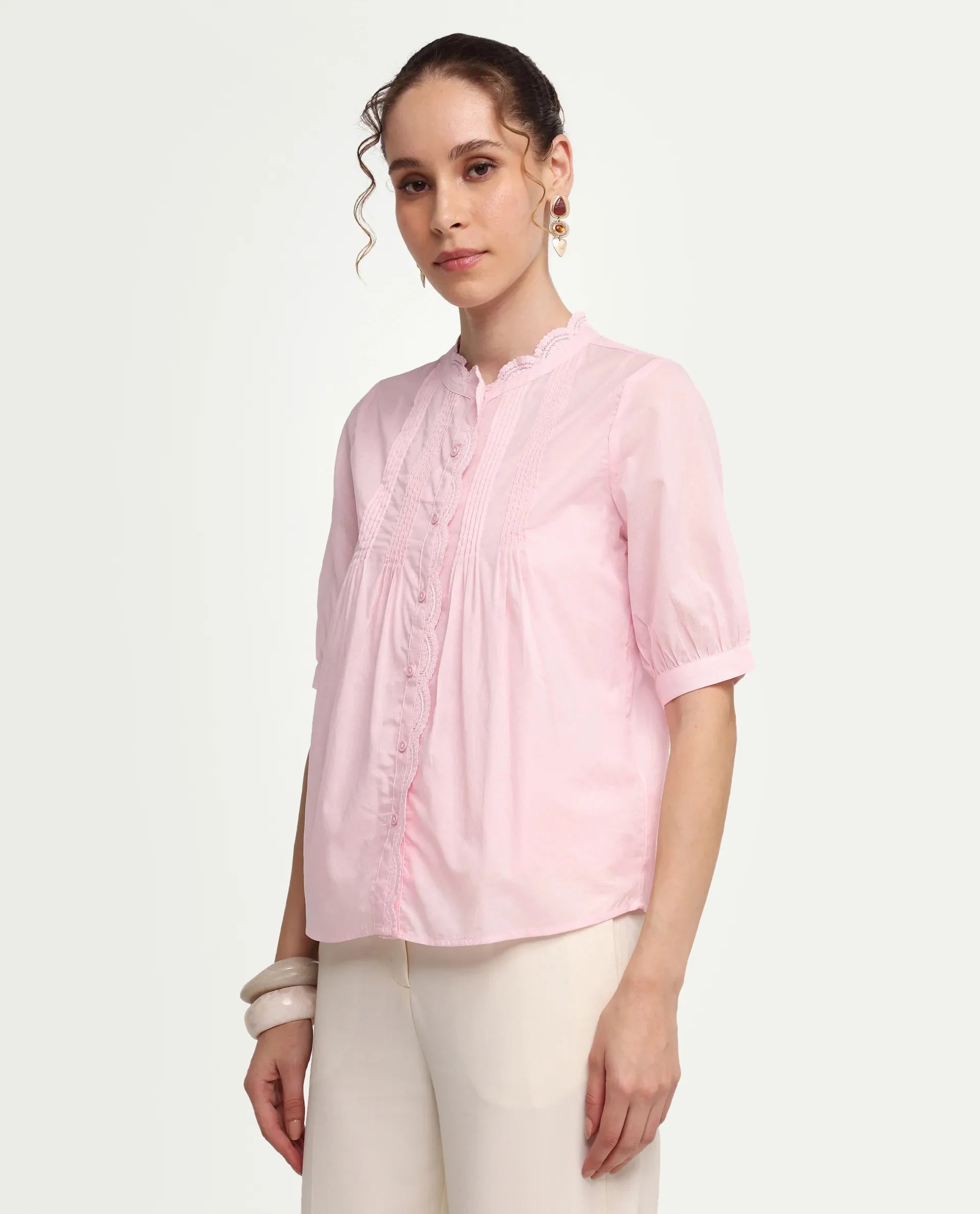 Rareism Women's Ceni Light Pink Cotton Half Sleeve Regular Fit Plain Top