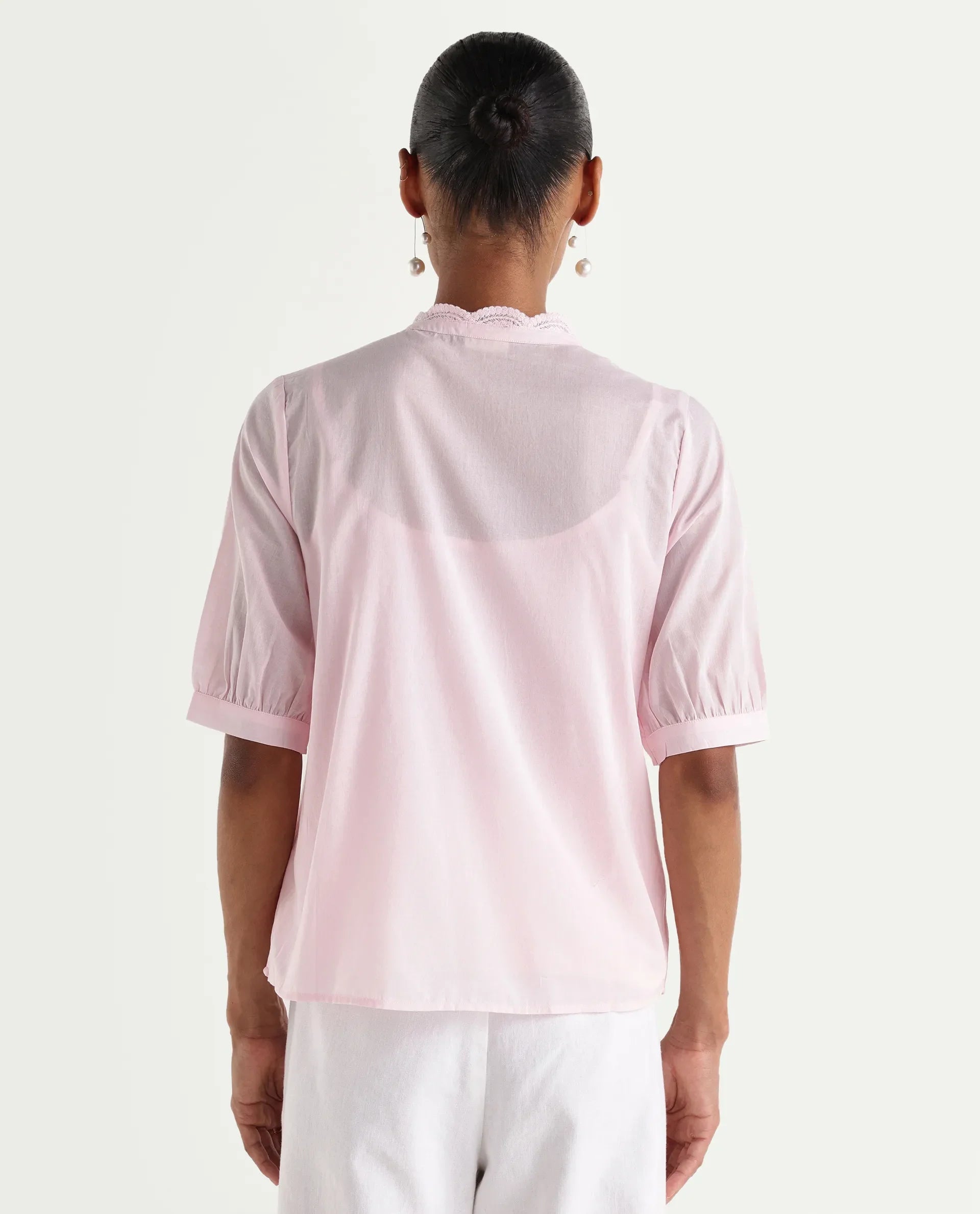 Rareism Women's Ceni Light Pink Cotton Half Sleeve Regular Fit Plain Top