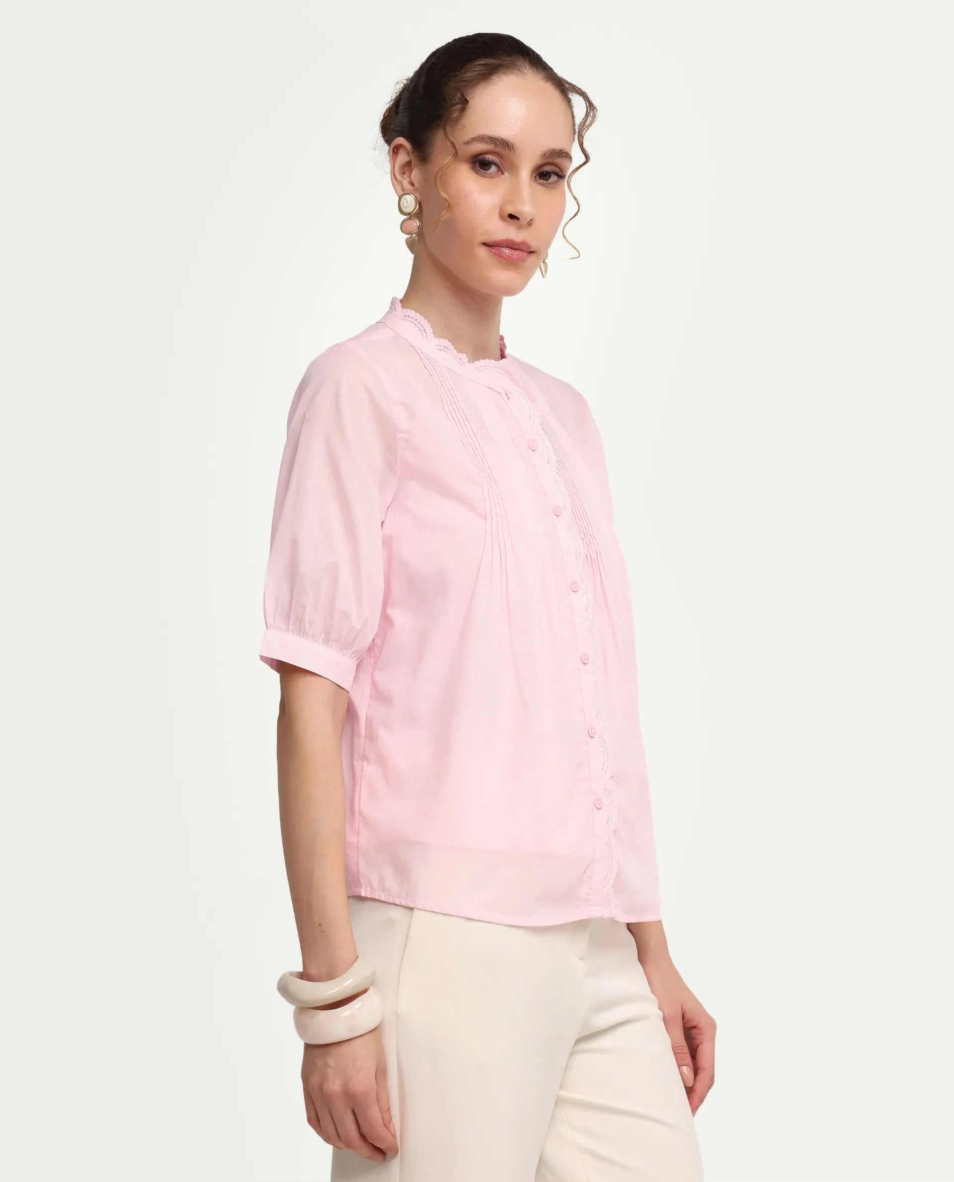 Rareism Women's Ceni Light Pink Cotton Half Sleeve Regular Fit Plain Top