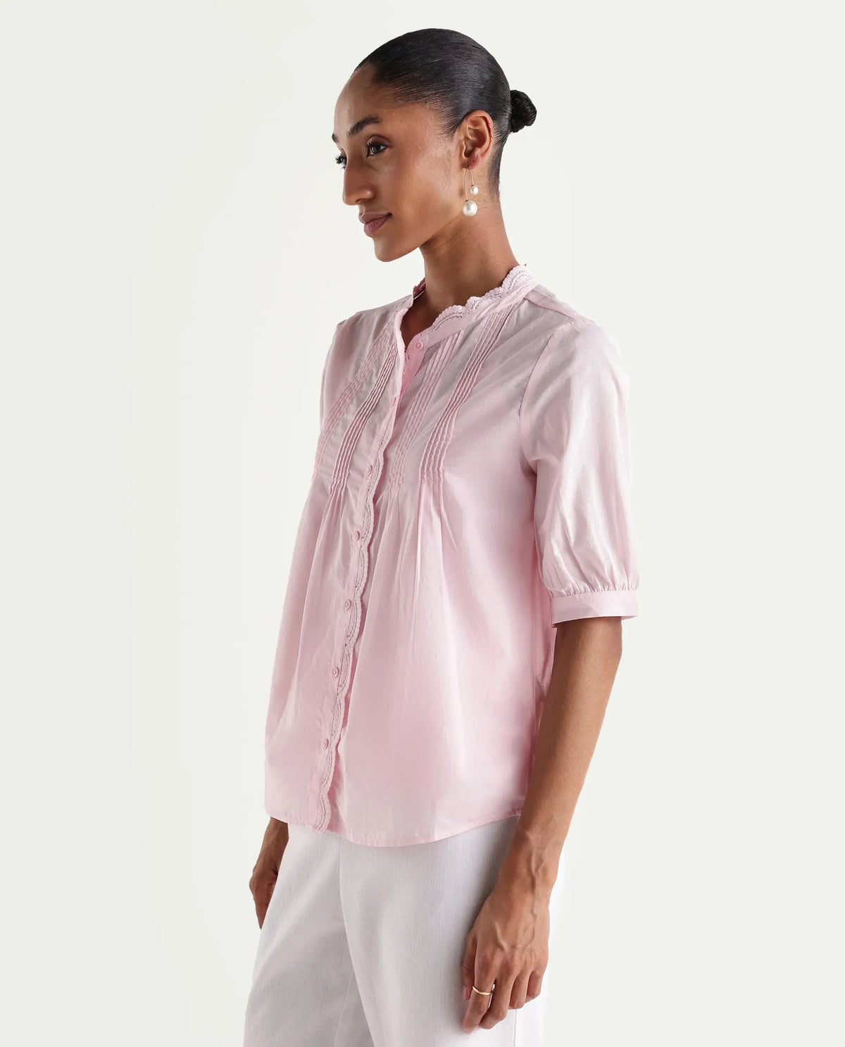 Rareism Women's Ceni Light Pink Cotton Half Sleeve Regular Fit Plain Top