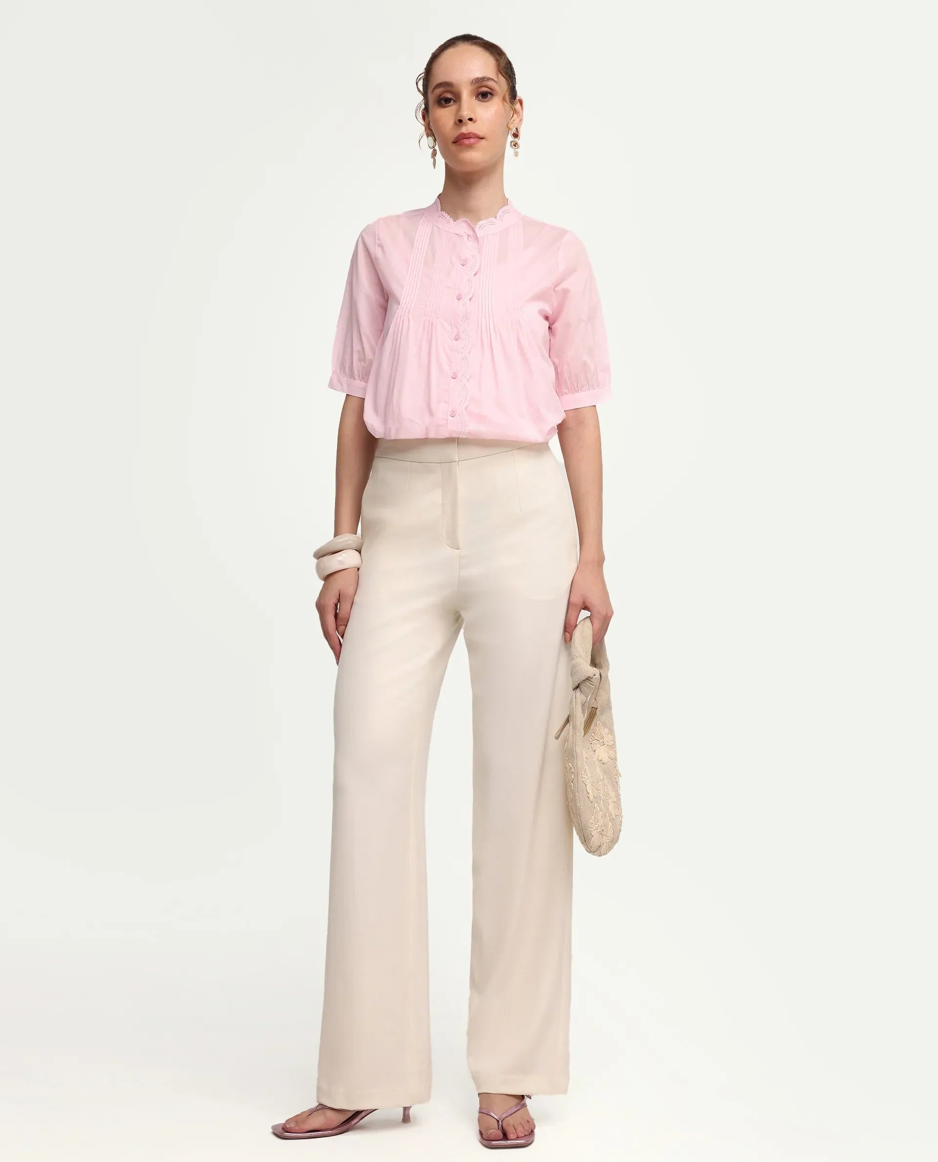 Rareism Women's Ceni Light Pink Cotton Half Sleeve Regular Fit Plain Top