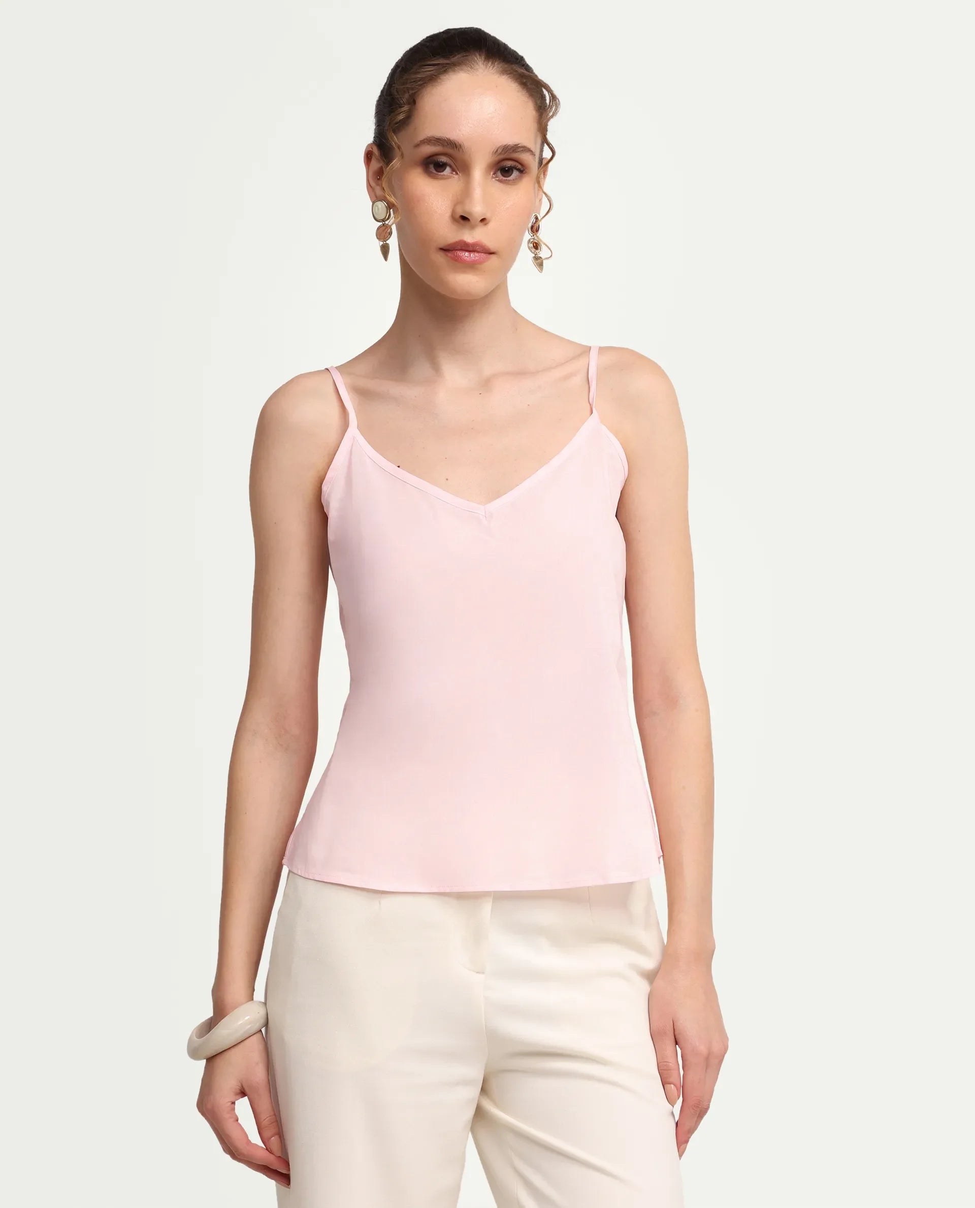 Rareism Women's Ceni Light Pink Cotton Half Sleeve Regular Fit Plain Top