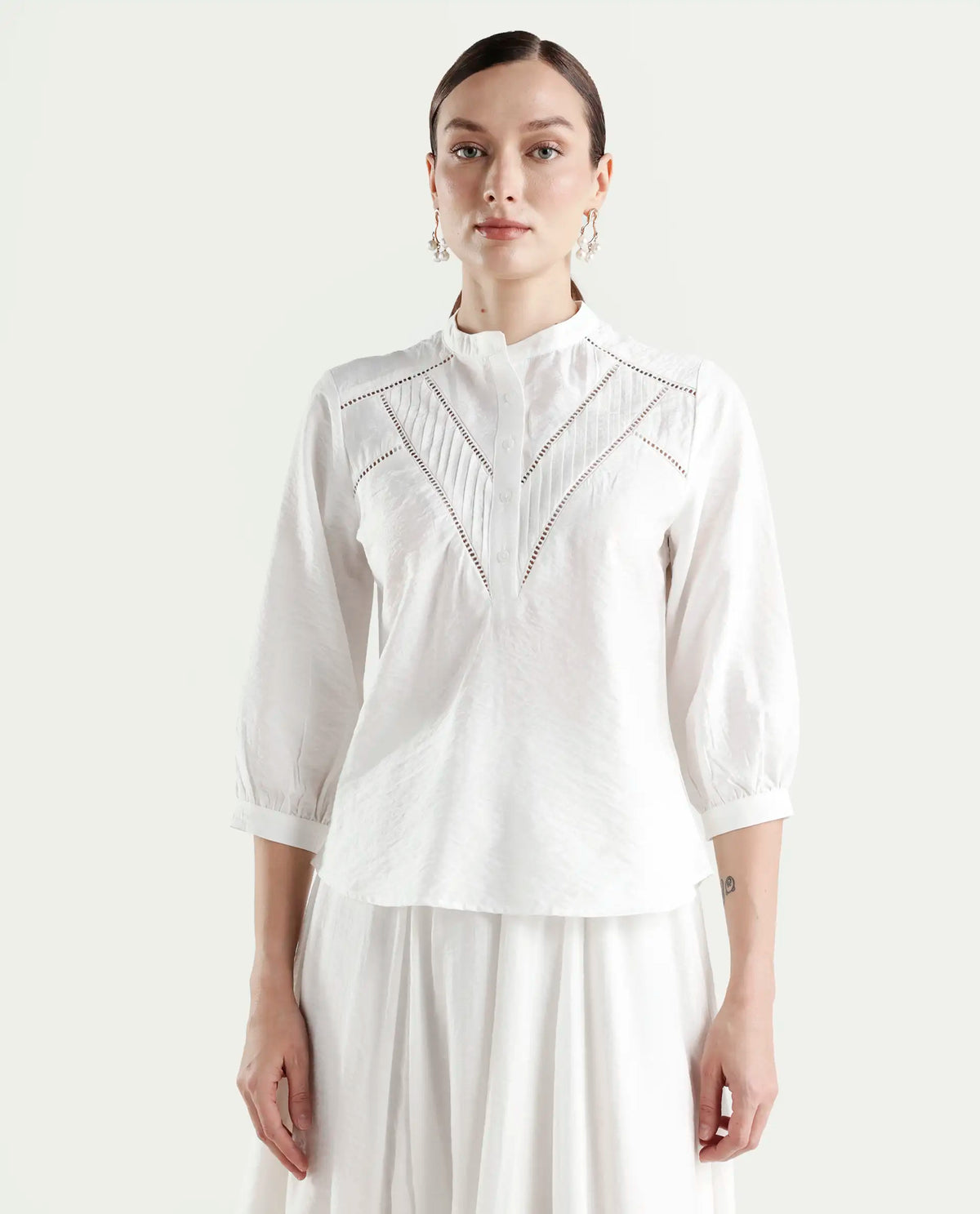 Rareism Women's Ceya White Viscose Blend 3/4th Sleeve Regular Fit Plain Top