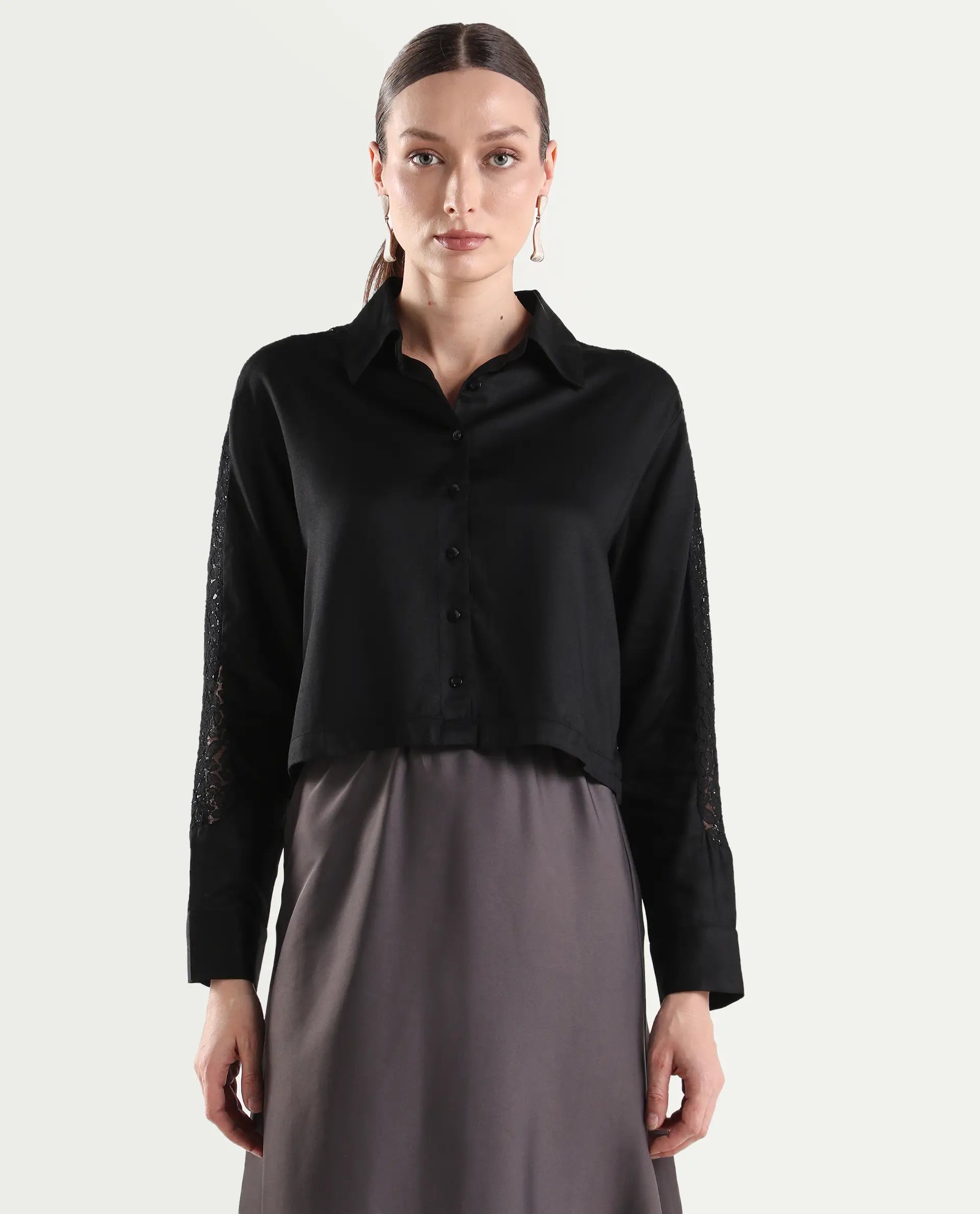 Rareism Women's Cici Black Viscose Full Sleeve Boxy Plain Shirt
