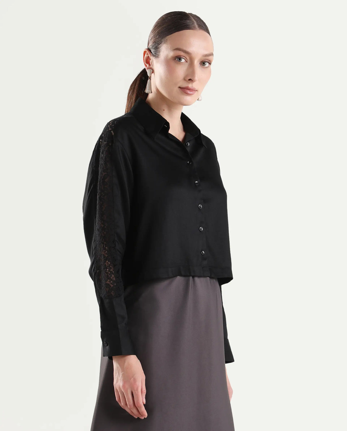 Rareism Women's Cici Black Viscose Full Sleeve Boxy Plain Shirt
