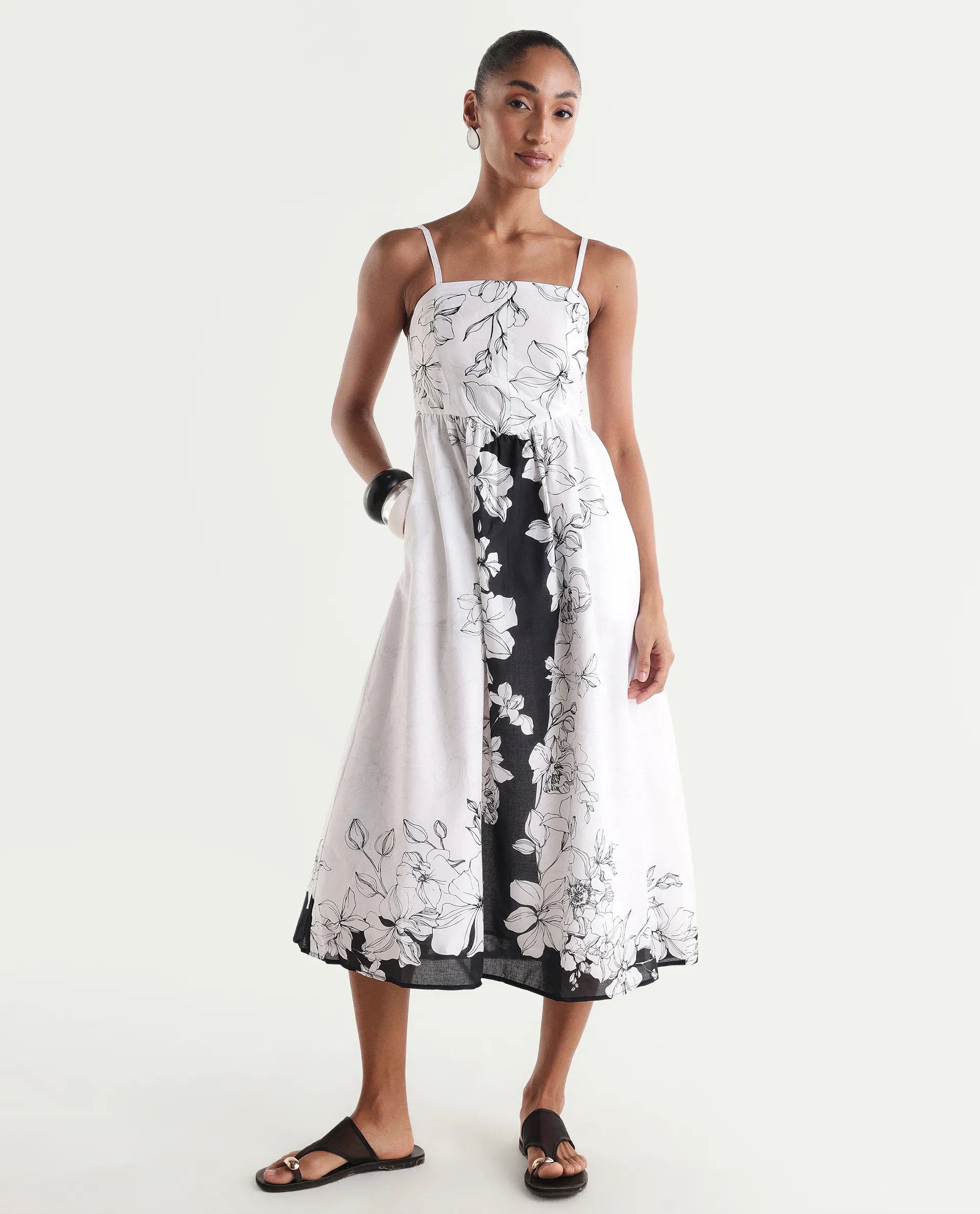 Rareism Women's Clara White Viscose Sleeveless Fit And Flare Floral Print Dress