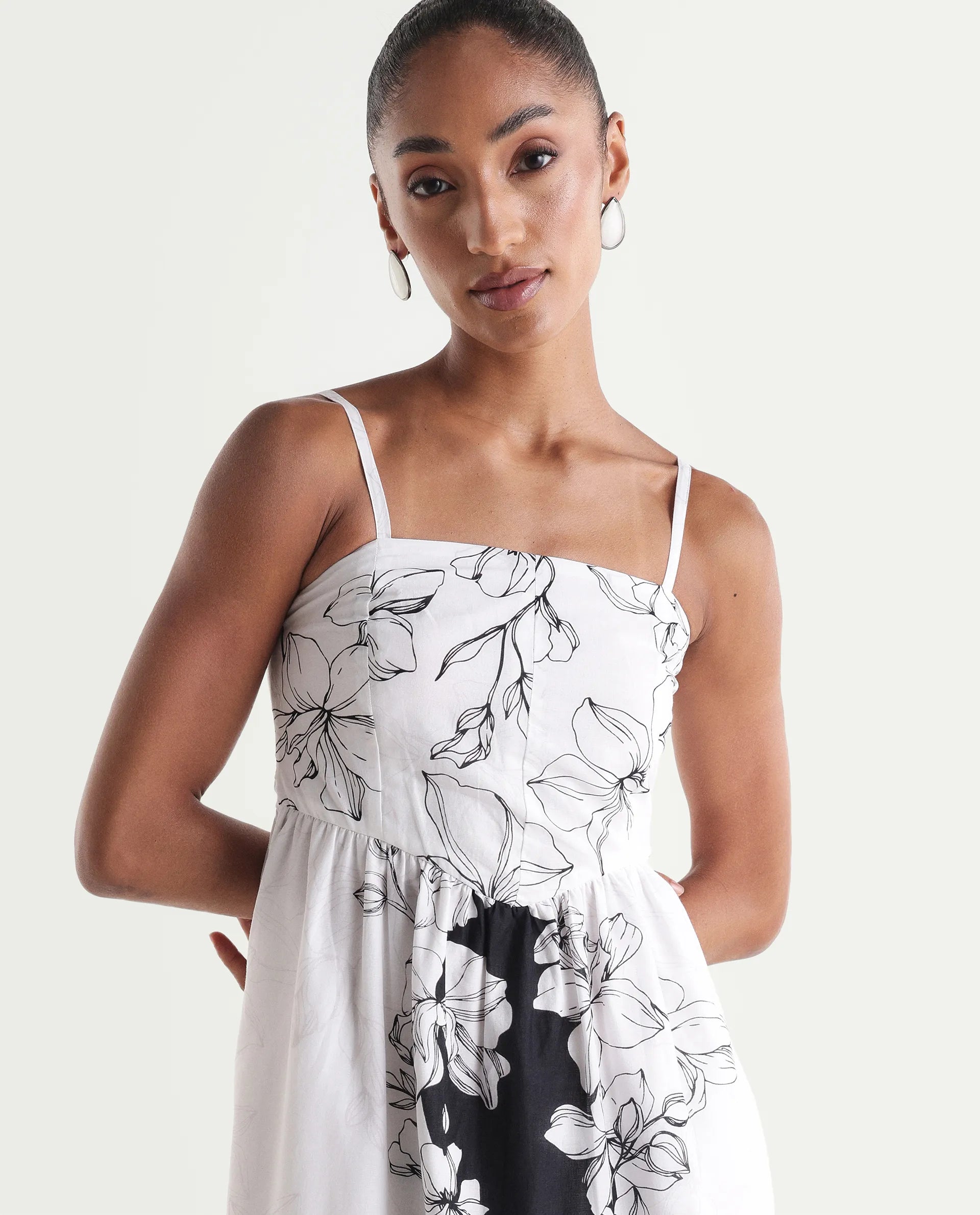 Rareism Women's Clara White Viscose Sleeveless Fit And Flare Floral Print Dress
