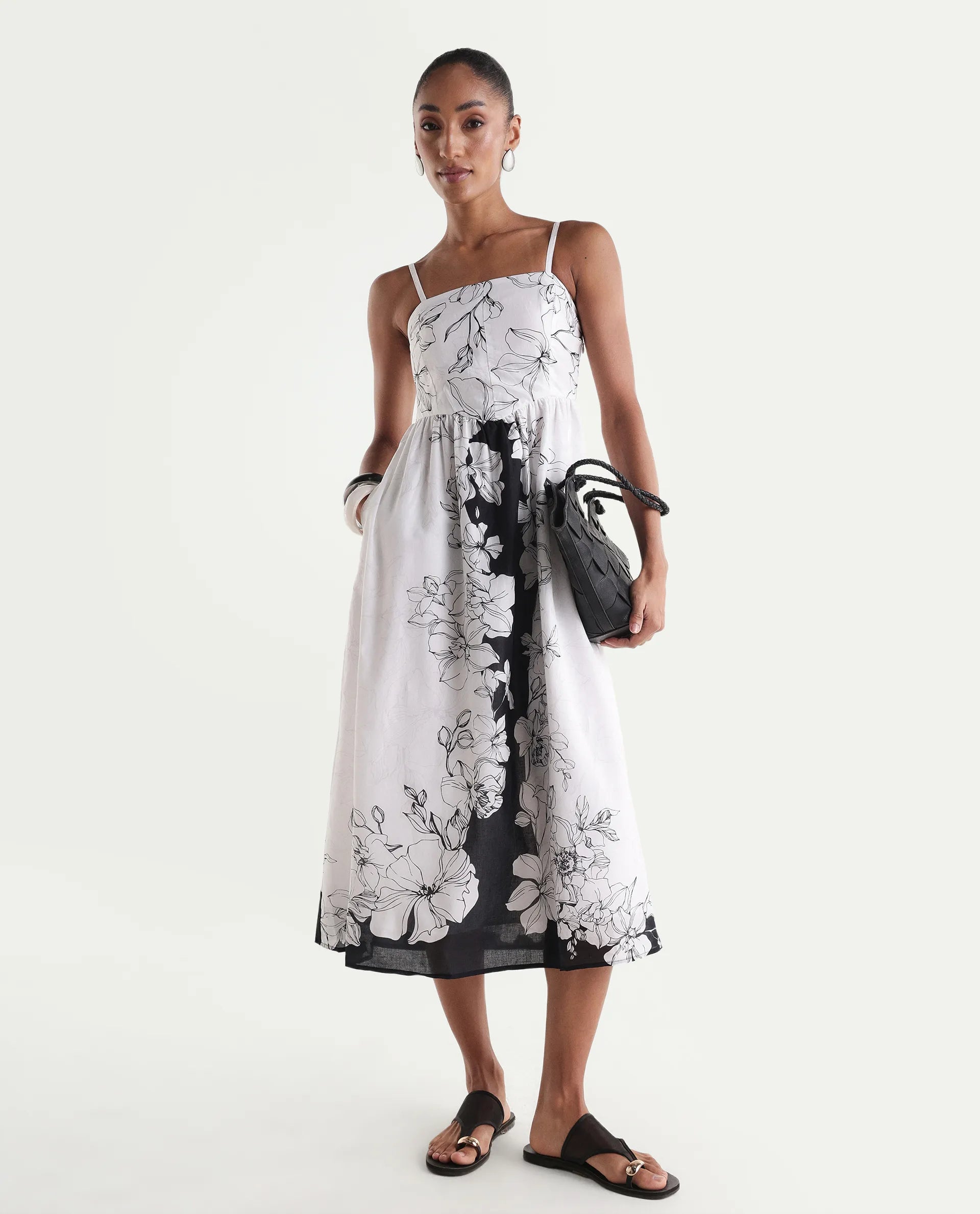 Rareism Women's Clara White Viscose Sleeveless Fit And Flare Floral Print Dress