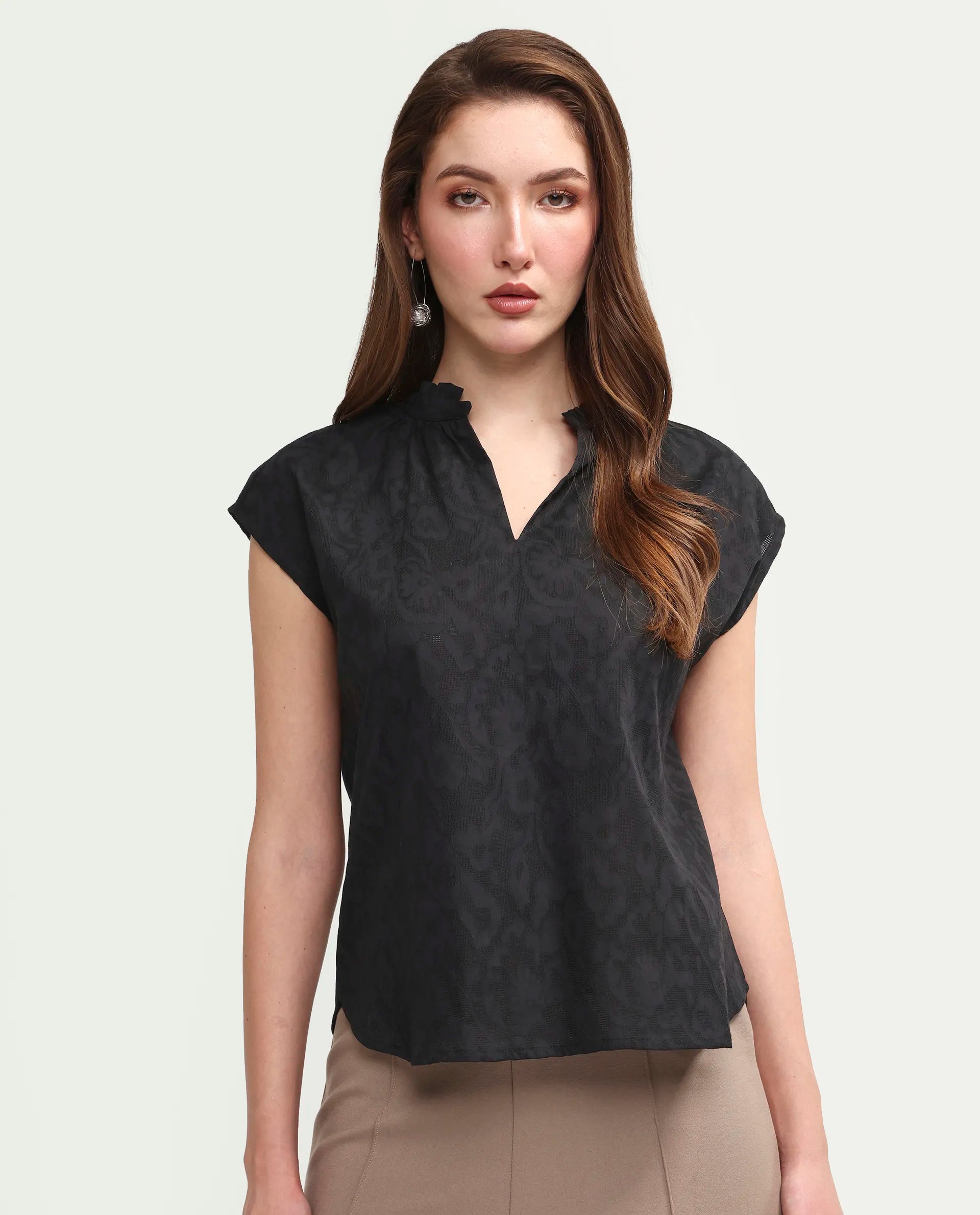 Rareism Women's Closia Black Cotton Half Sleeve Relaxed Fit Jacquard Top