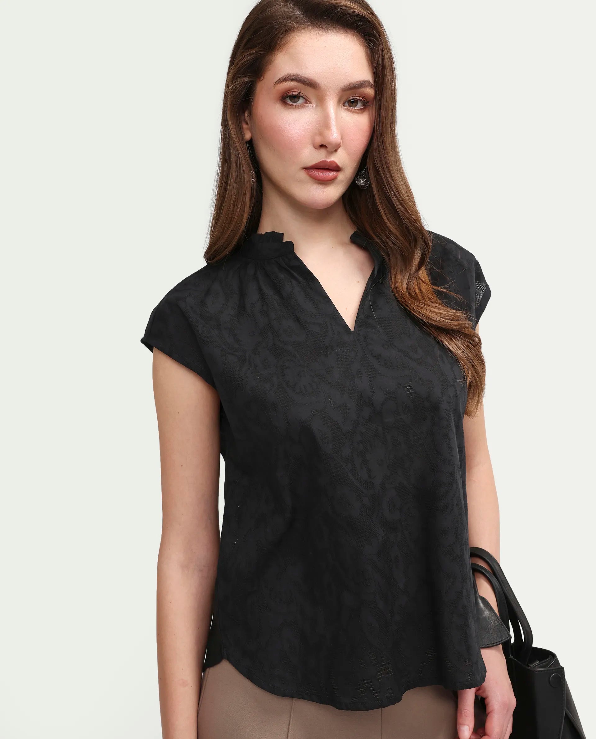 Rareism Women's Closia Black Cotton Half Sleeve Relaxed Fit Jacquard Top
