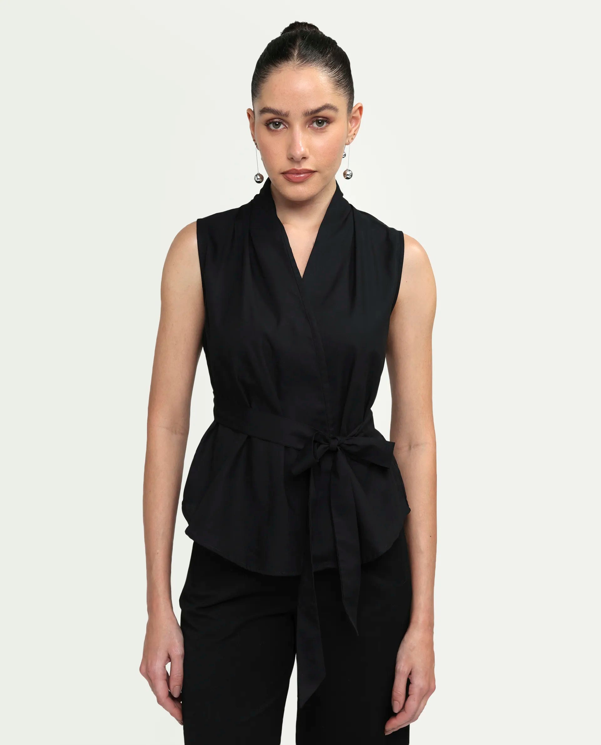 Rareism Women's Cyra Black Cotton Blend Sleeveless Regular Fit Plain Top