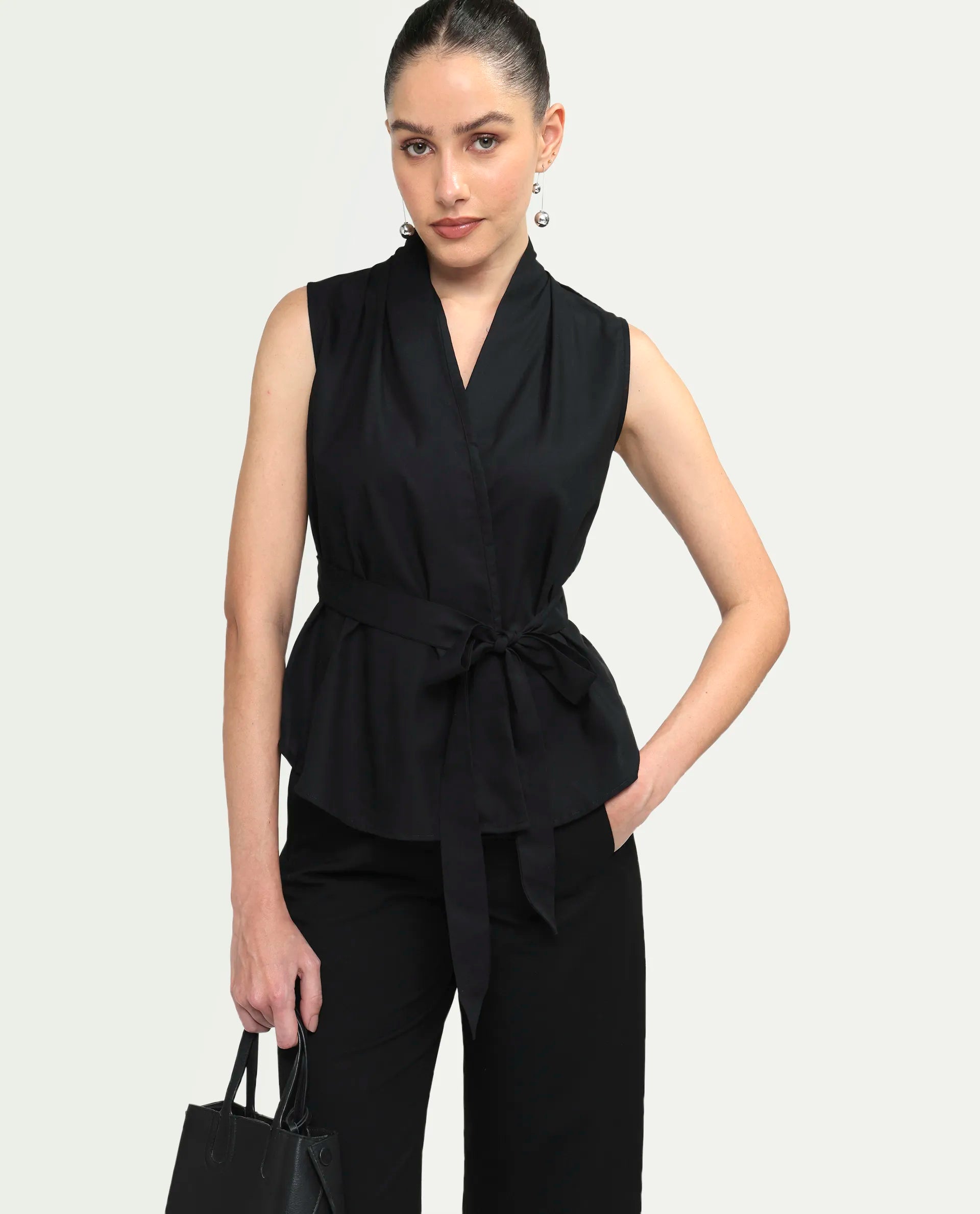 Rareism Women's Cyra Black Viscose Blend Sleeveless Regular Fit Plain Top
