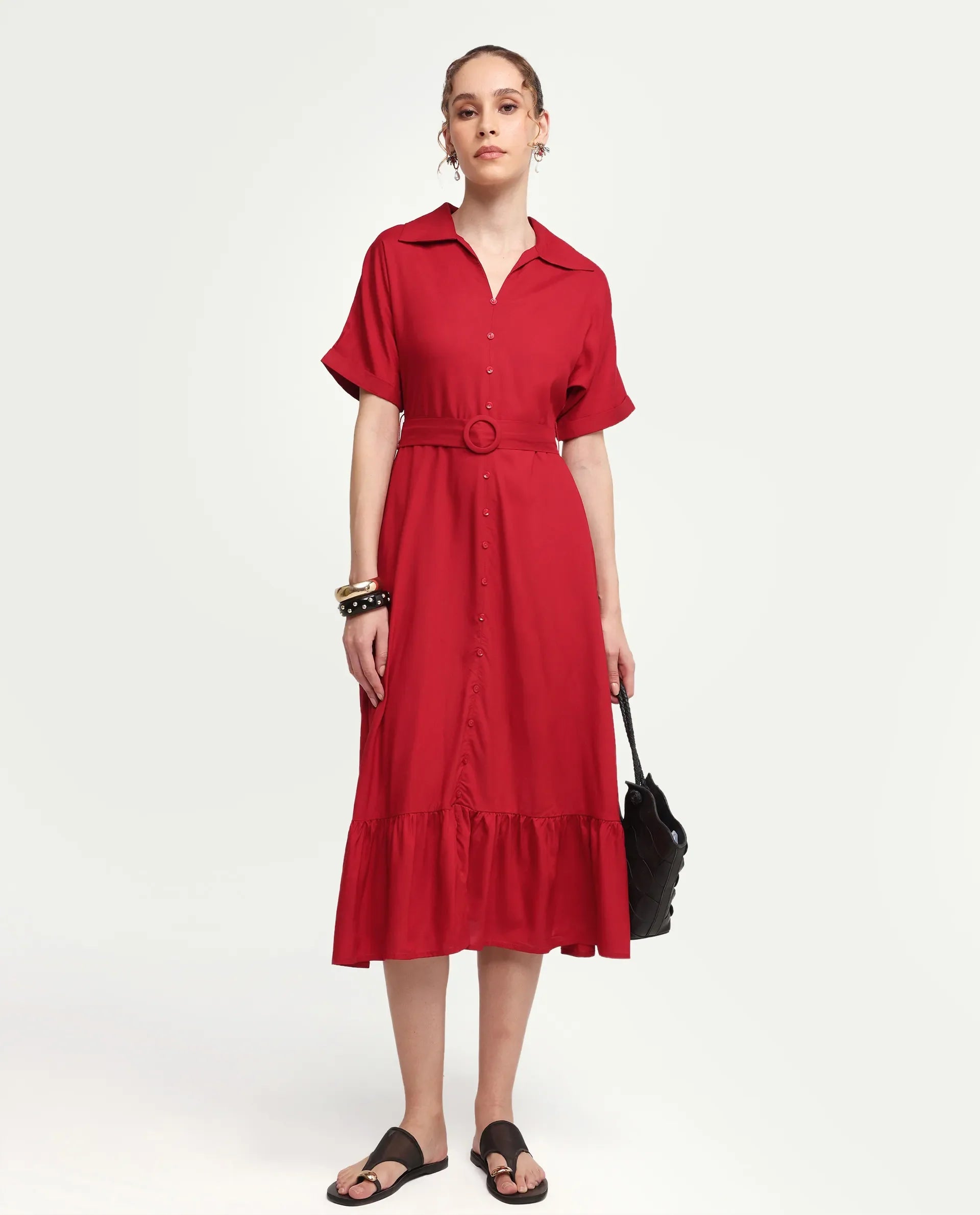 Rareism Women's Elate Red Viscose Half Sleeve A-Line Plain Dress