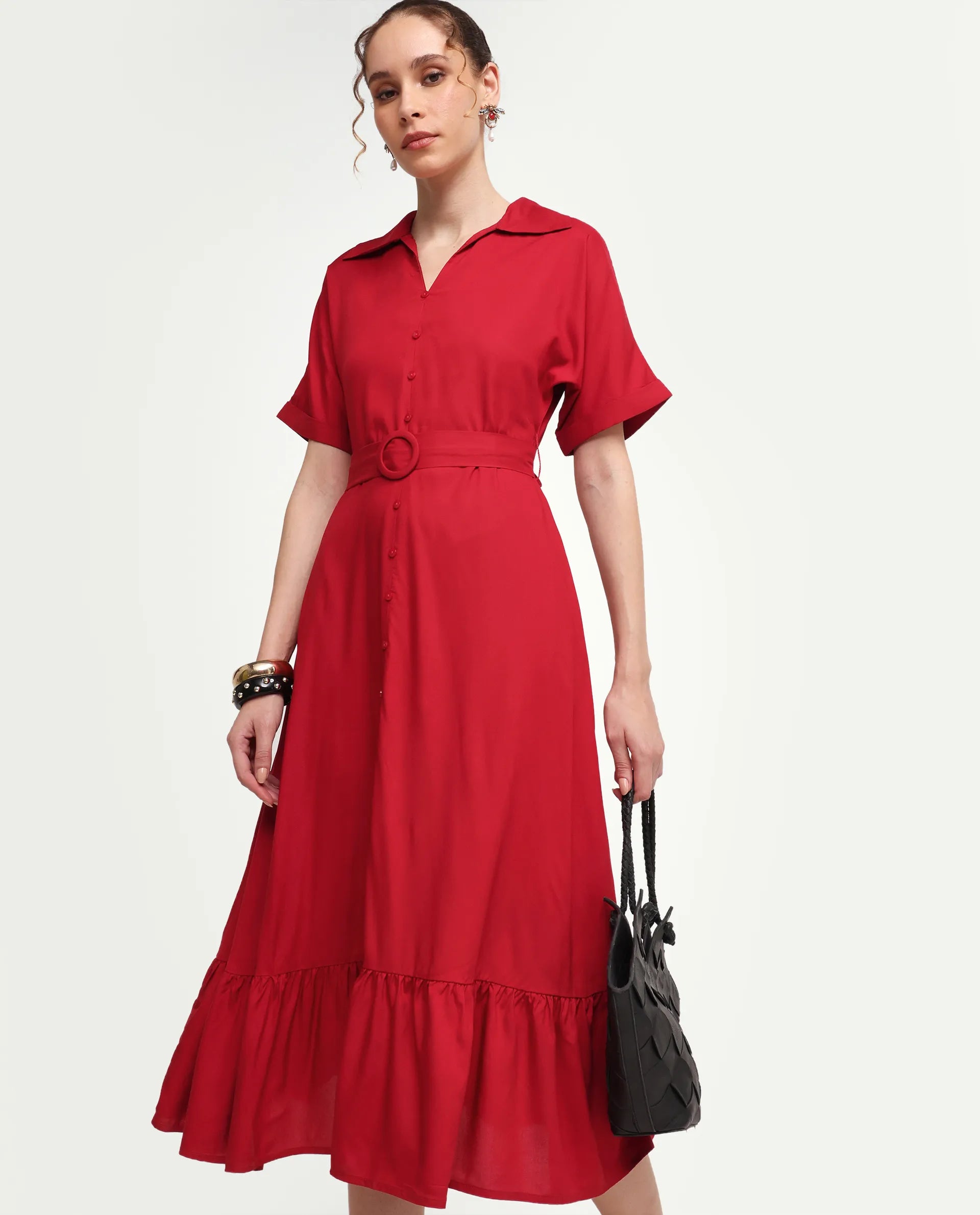 Rareism Women's Elate Red Viscose Half Sleeve A-Line Plain Dress