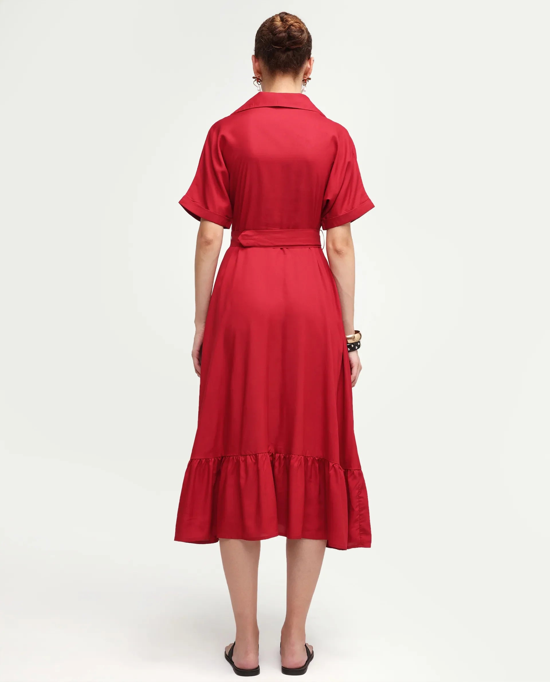 Rareism Women's Elate Red Viscose Half Sleeve A-Line Plain Dress