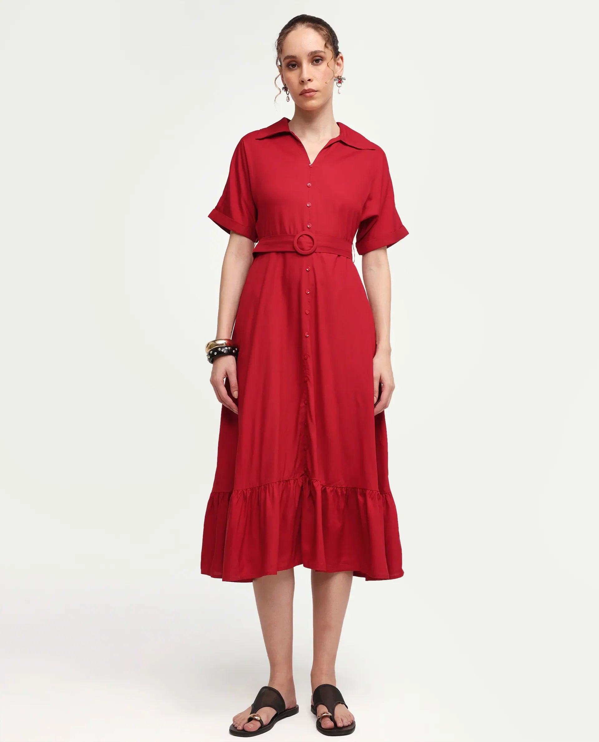 Rareism Women's Elate Red Viscose Half Sleeve A-Line Plain Dress