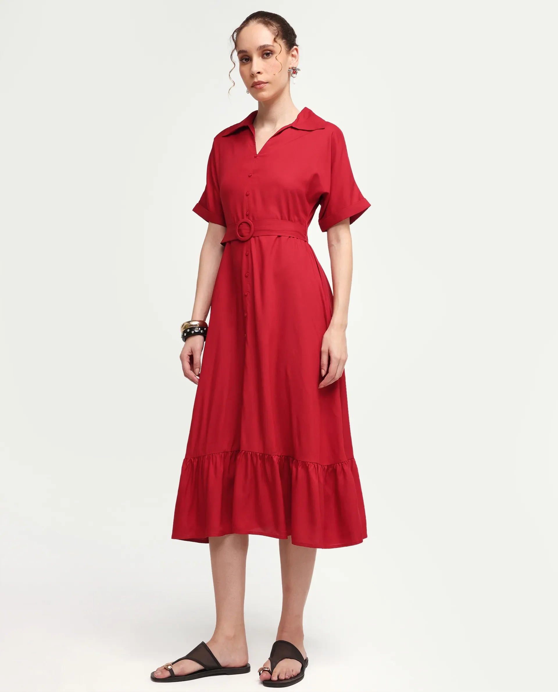 Rareism Women's Elate Red Viscose Half Sleeve A-Line Plain Dress
