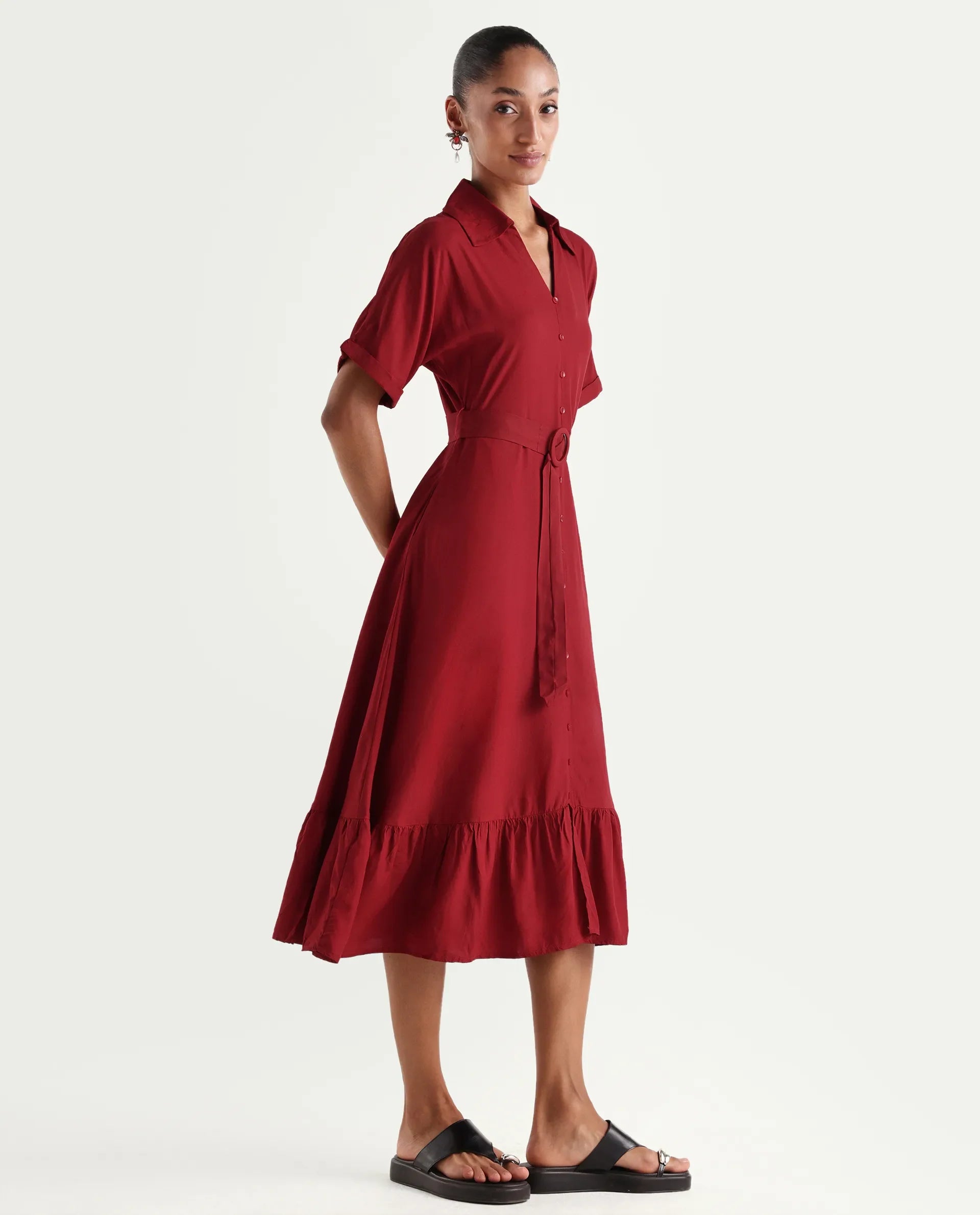 Rareism Women's Elate Red Viscose Half Sleeve A-Line Plain Dress