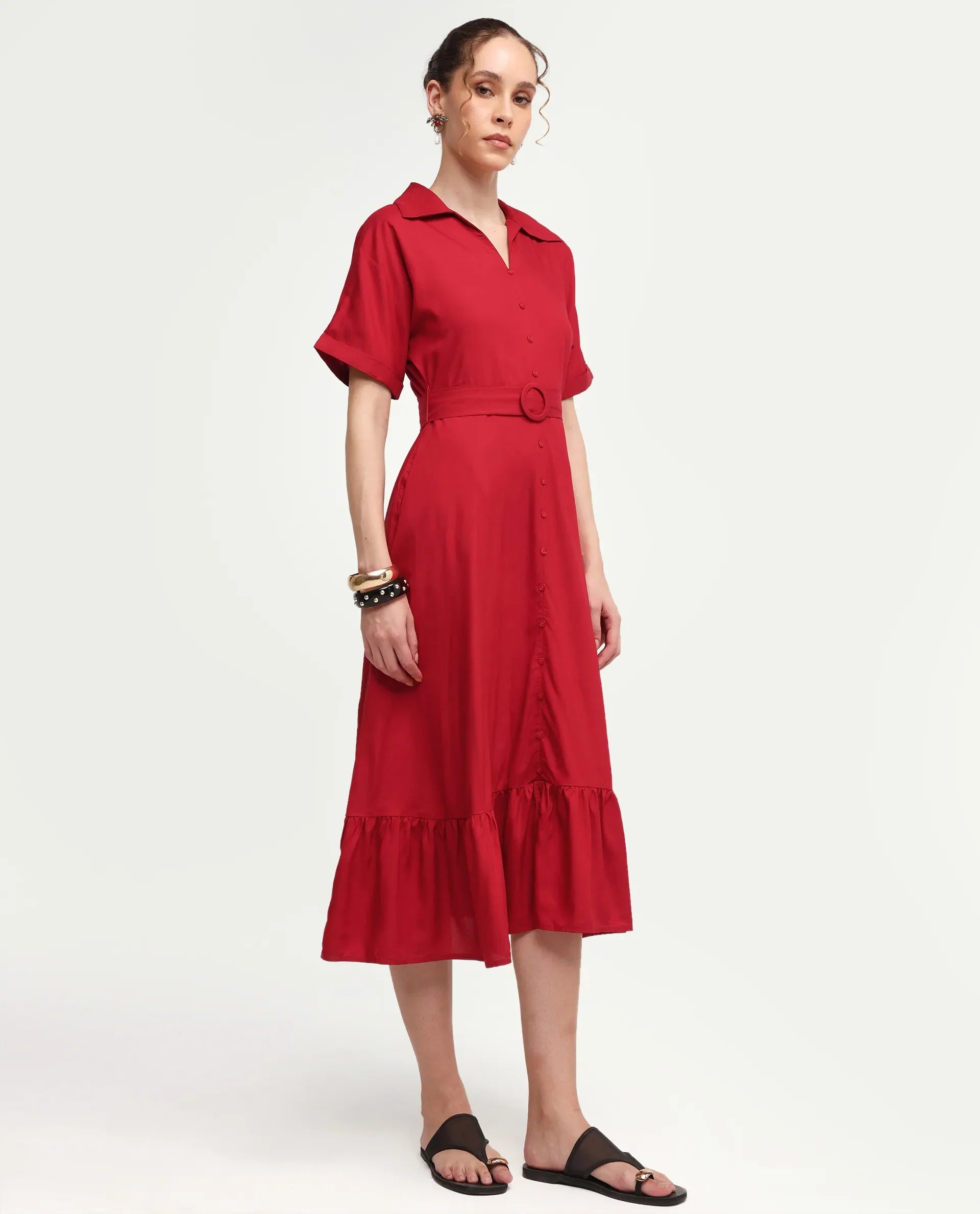 Rareism Women's Elate Red Viscose Half Sleeve A-Line Plain Dress
