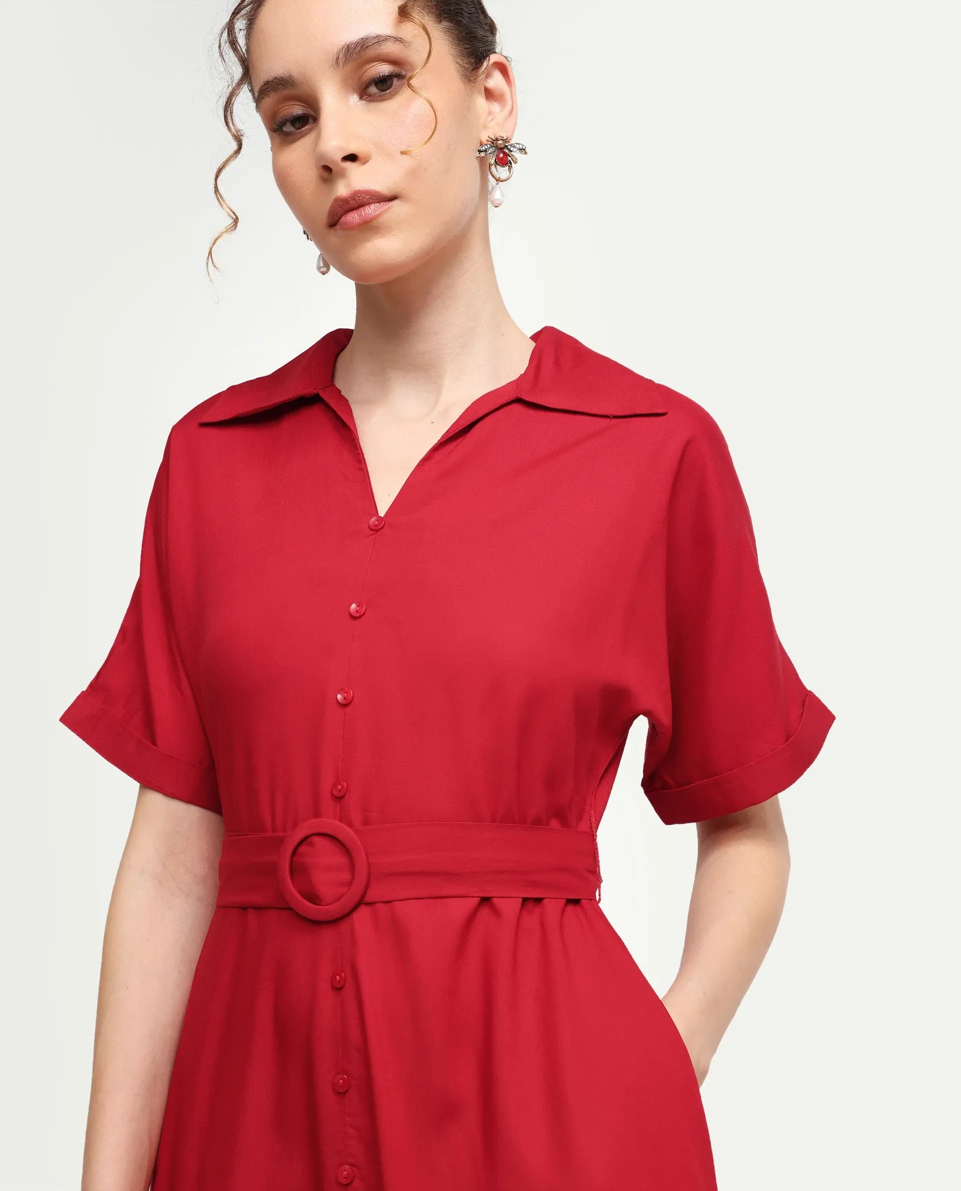 Rareism Women's Elate Red Viscose Half Sleeve A-Line Plain Dress