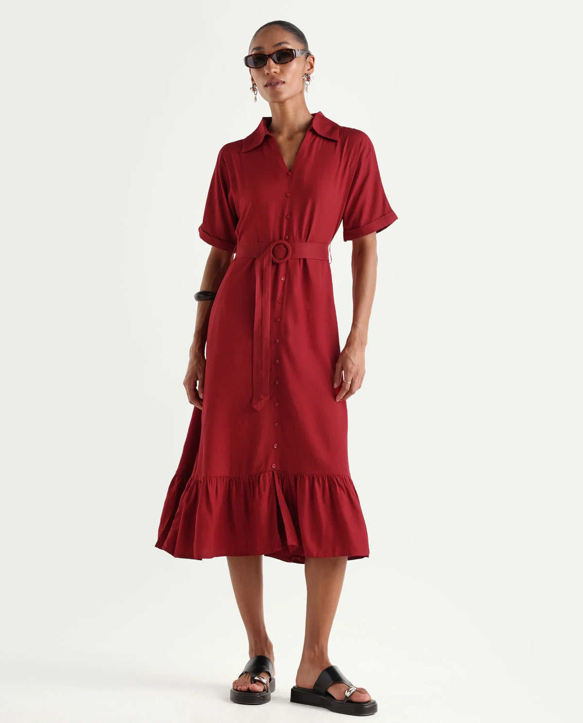 Rareism Women's Elate Red Viscose Half Sleeve A-Line Plain Dress