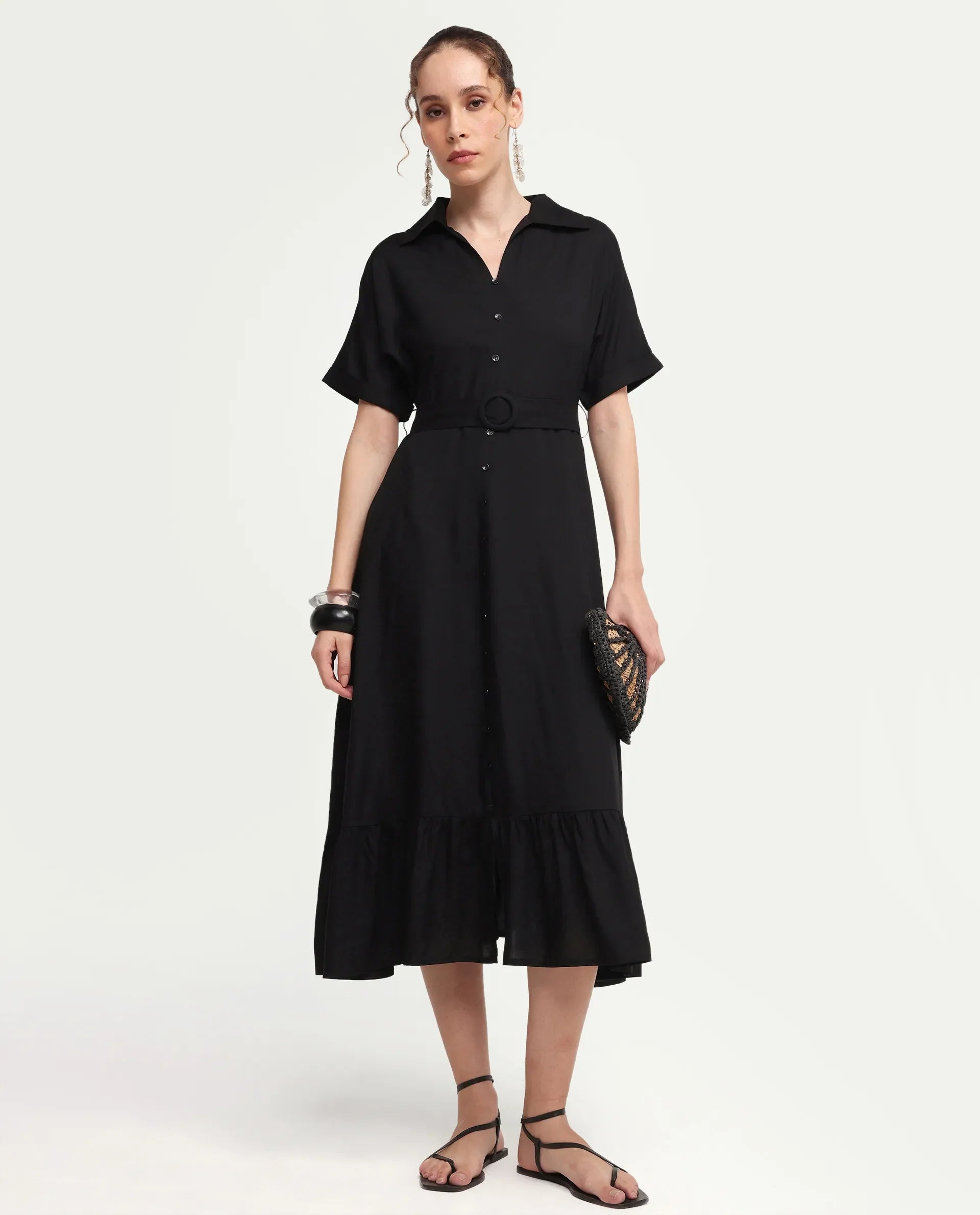 Rareism Women's Elate Black Viscose Half Sleeve A-Line Plain Dress