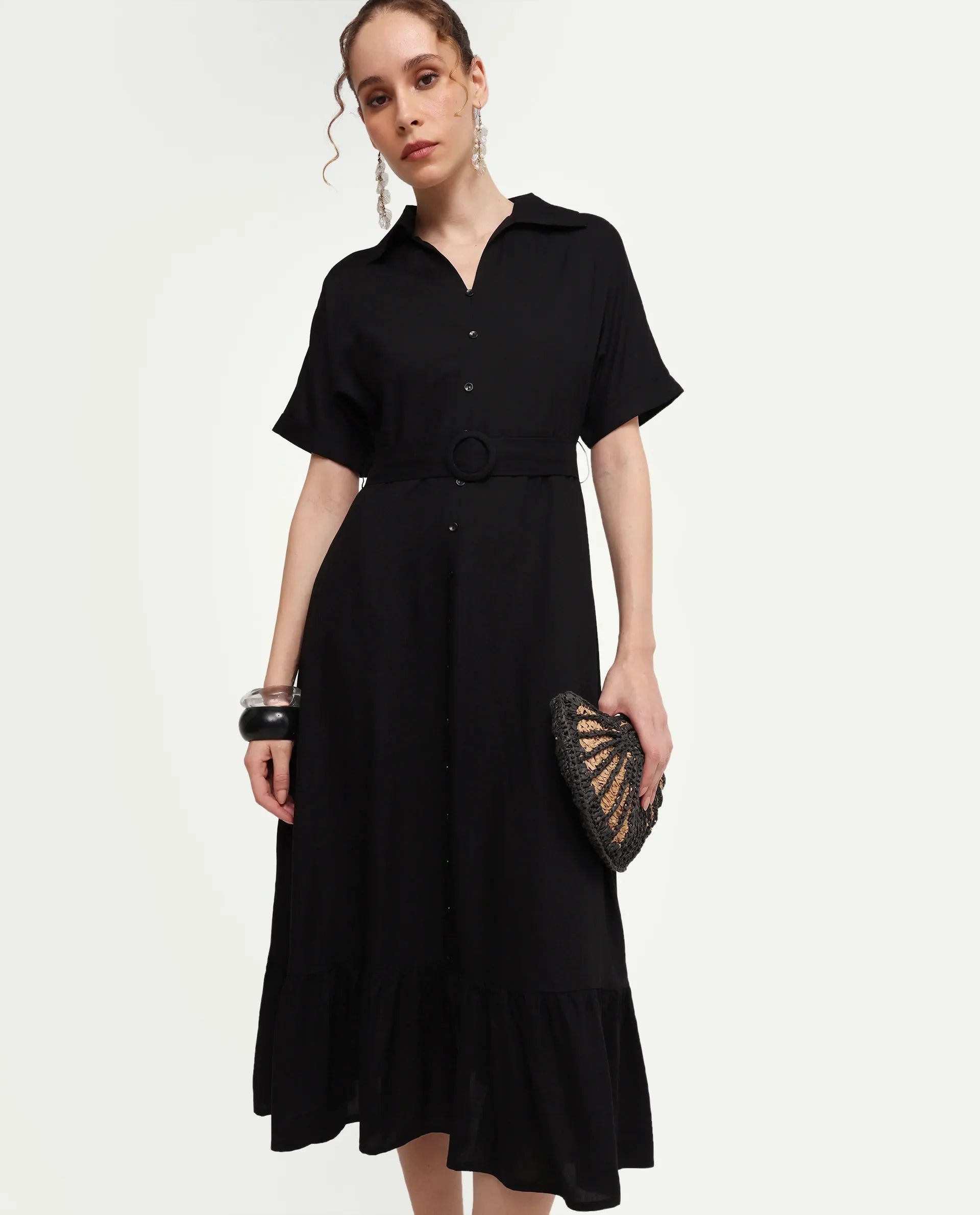 Rareism Women's Elate Black Viscose Half Sleeve A-Line Plain Dress