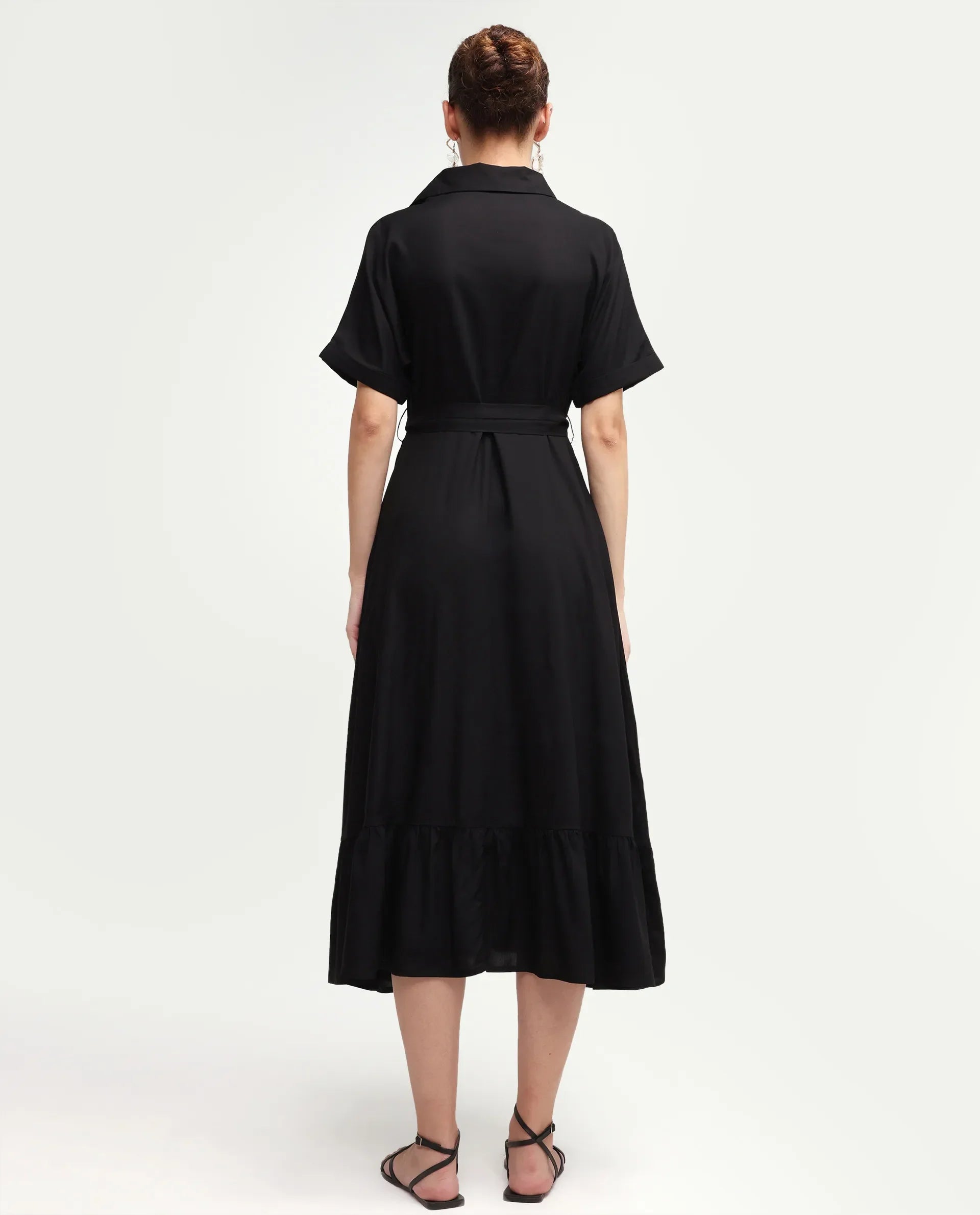 Rareism Women's Elate Black Viscose Half Sleeve A-Line Plain Dress