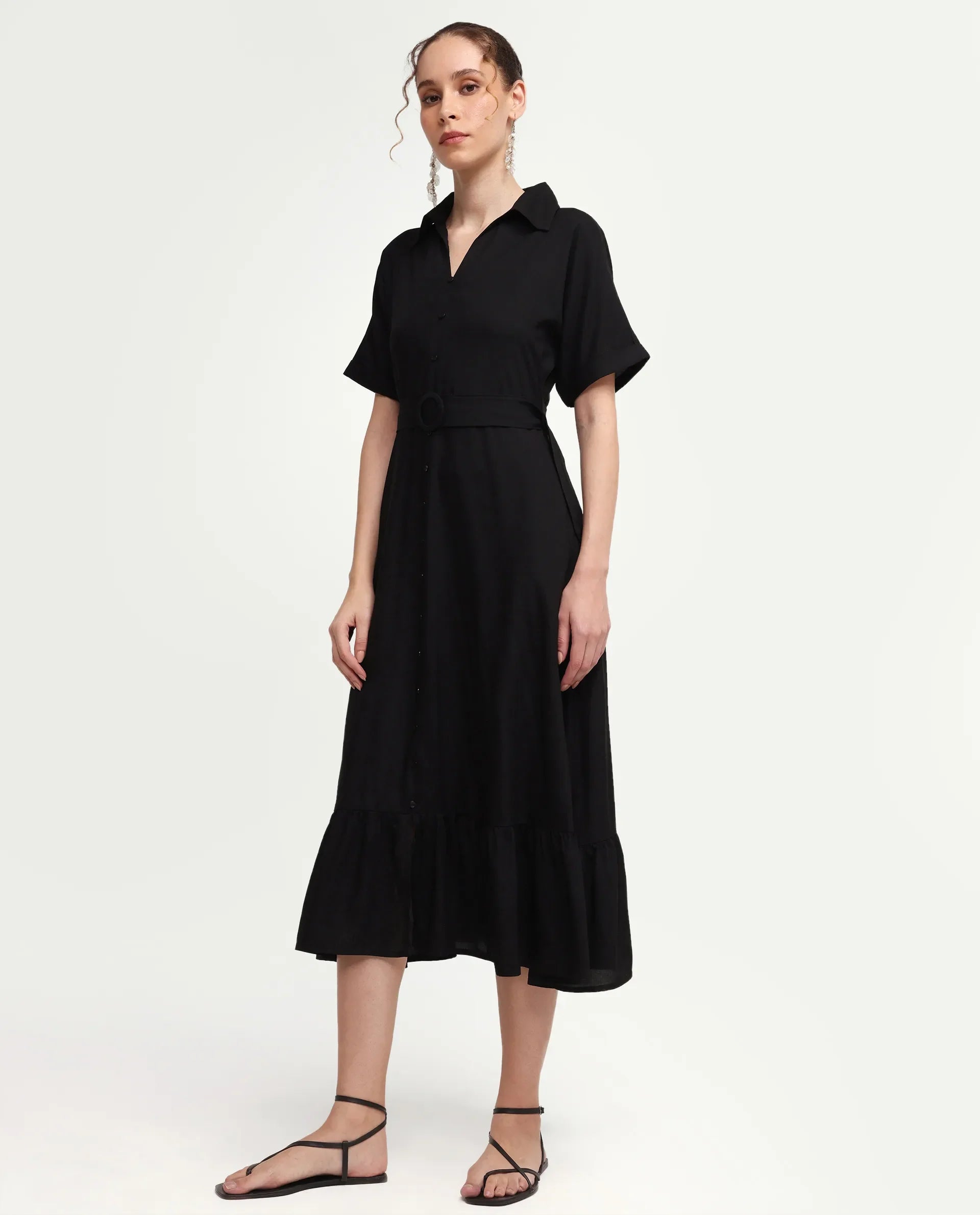 Rareism Women's Elate Black Viscose Half Sleeve A-Line Plain Dress