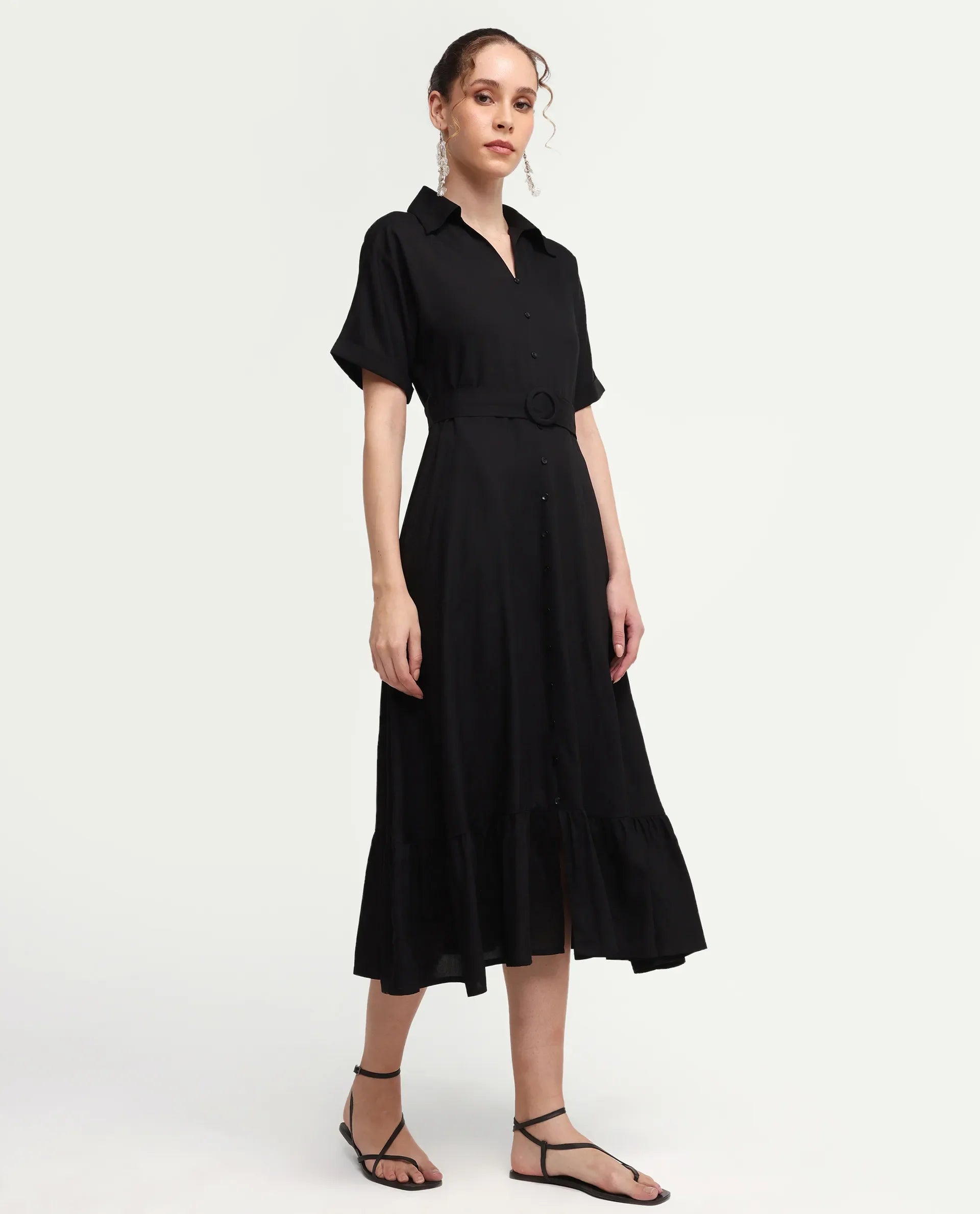 Rareism Women's Elate Black Viscose Half Sleeve A-Line Plain Dress