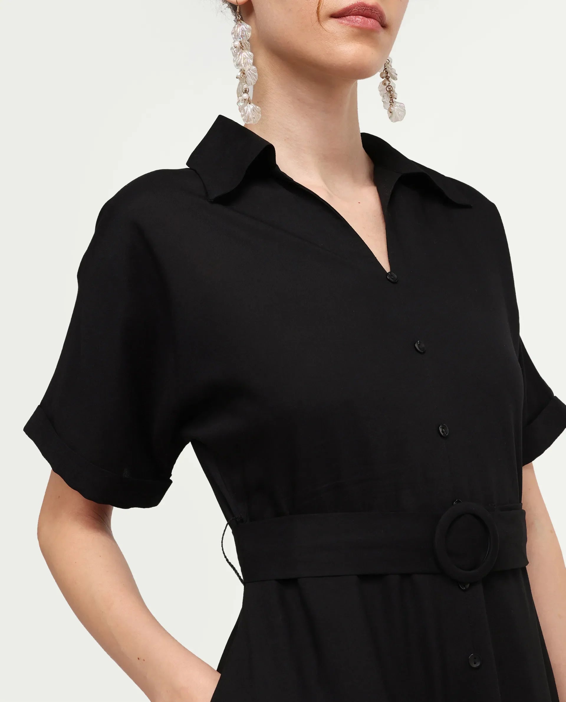 Rareism Women's Elate Black Viscose Half Sleeve A-Line Plain Dress