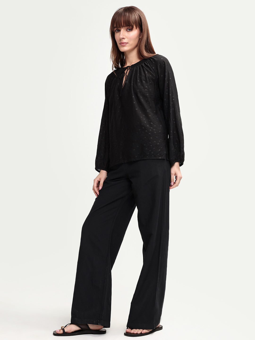 Rareism Women's Uniq Light Black Linen Blend Straight Plain Trouser