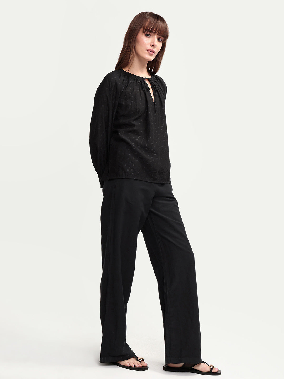 Rareism Women's Uniq Light Black Linen Blend Straight Plain Trouser