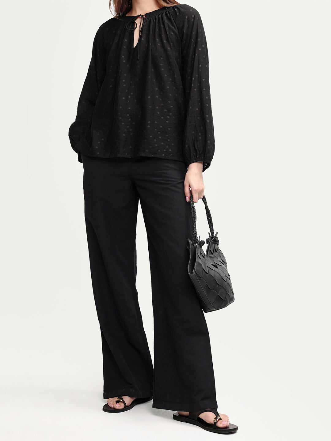 Rareism Women's Uniq Light Black Linen Blend Straight Plain Trouser