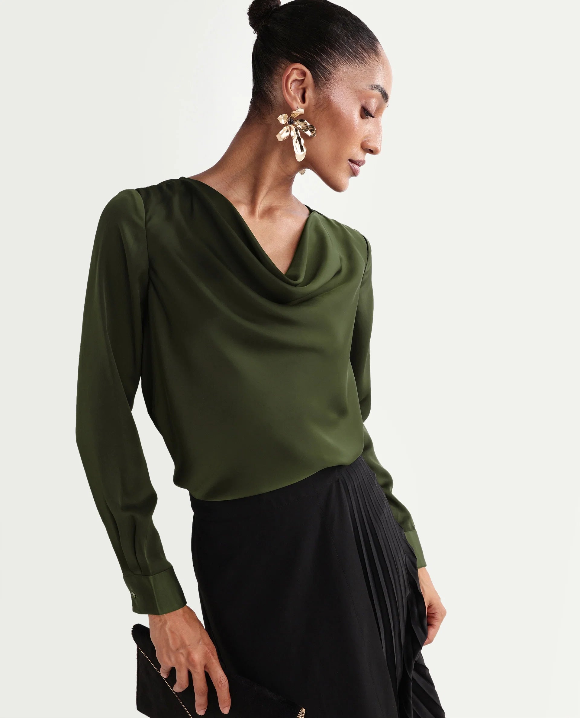 Rareism Women's Avier Olive Polyester Full Sleeve Cowl Neck Regular Fit Plain Top