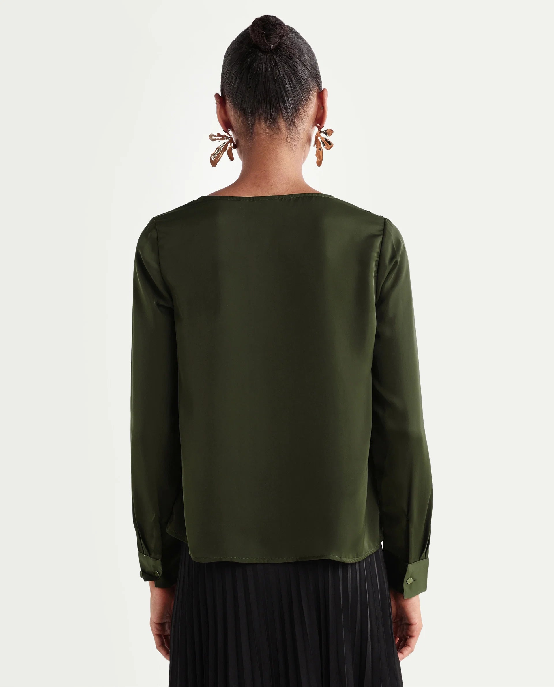 Rareism Women's Avier Olive Polyester Full Sleeve Cowl Neck Regular Fit Plain Top