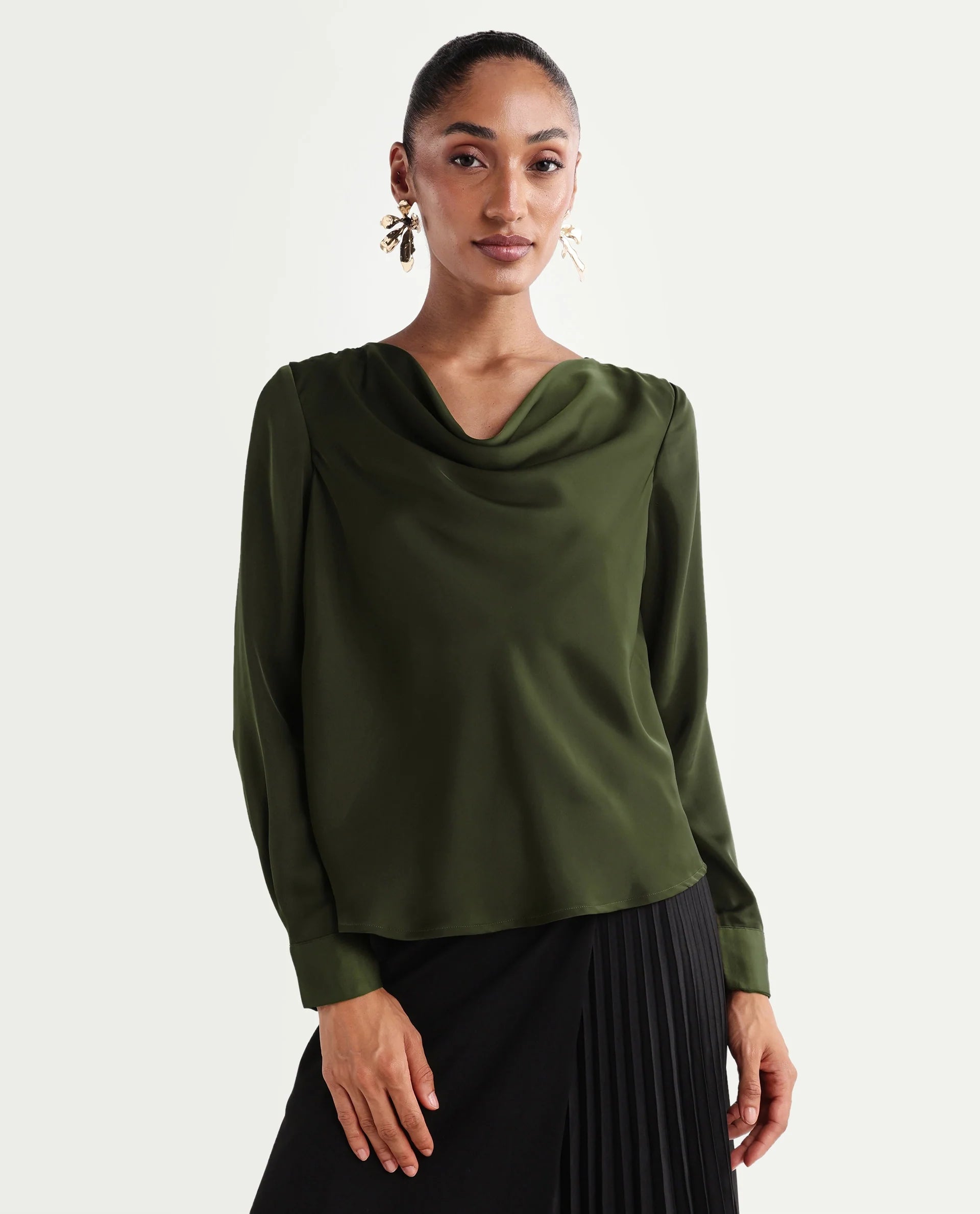 Rareism Women's Avier Olive Polyester Full Sleeve Cowl Neck Regular Fit Plain Top