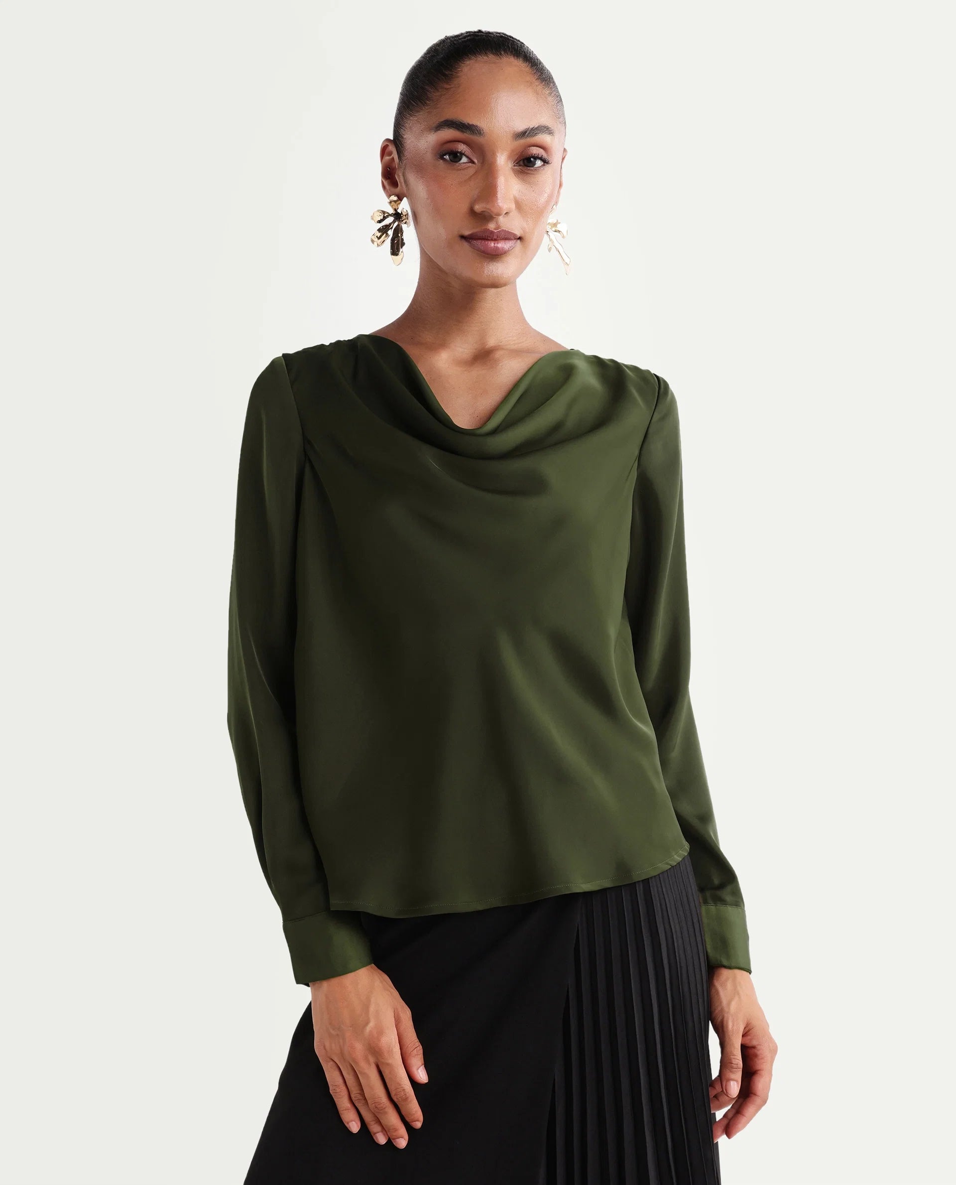 Rareism Women's Avier Olive Polyester Full Sleeve Cowl Neck Regular Fit Plain Top