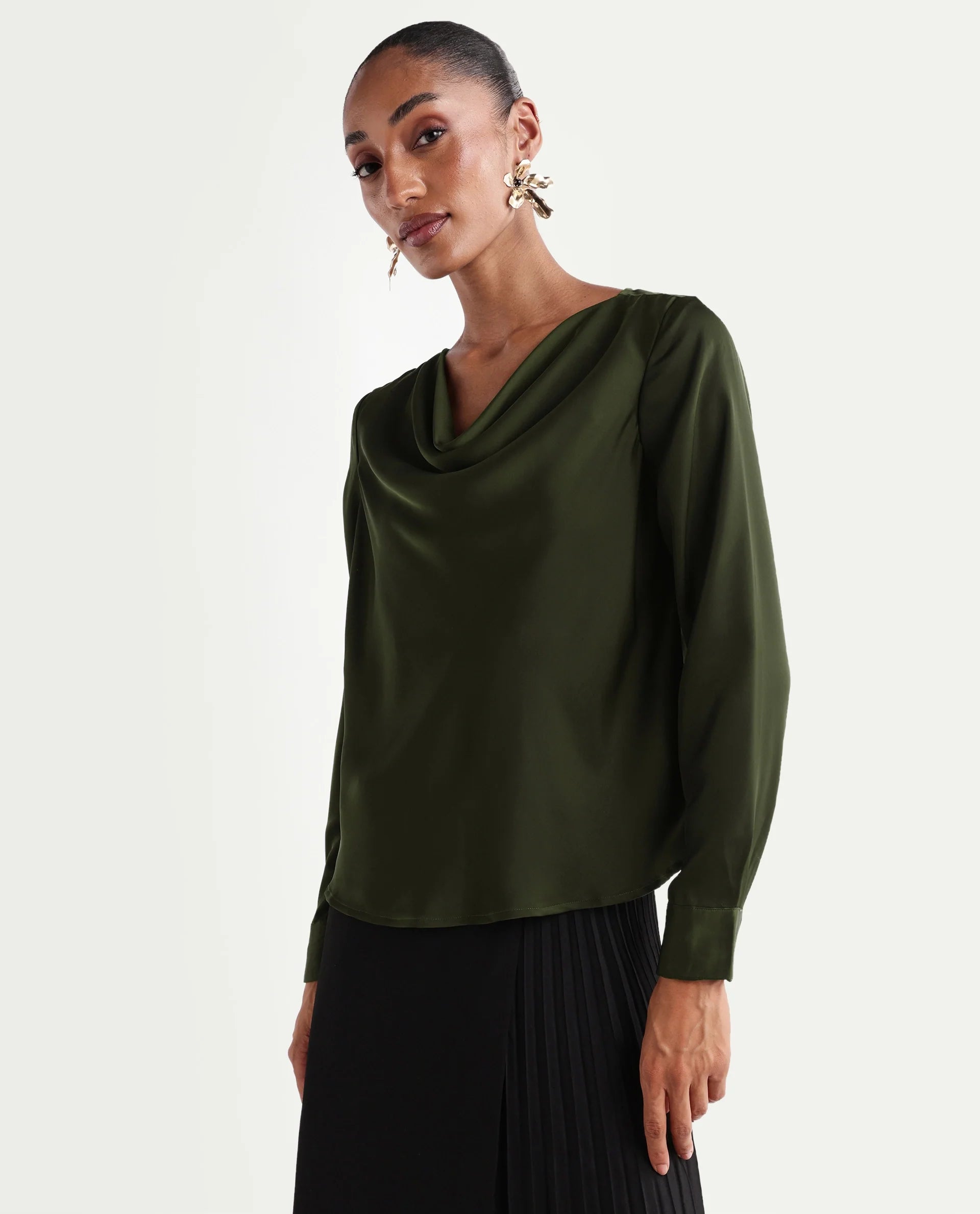 Rareism Women's Avier Olive Polyester Full Sleeve Cowl Neck Regular Fit Plain Top