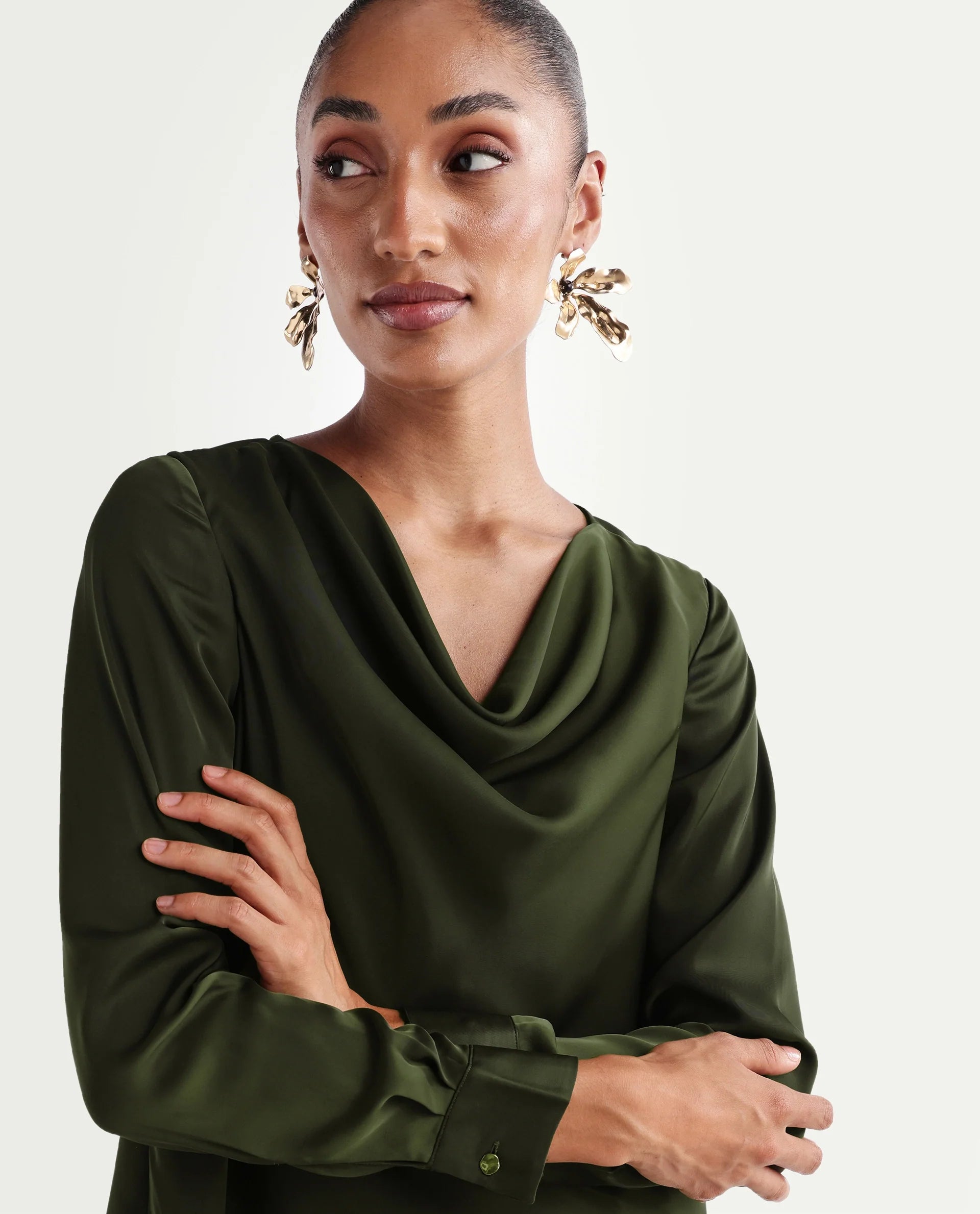 Rareism Women's Avier Olive Polyester Full Sleeve Cowl Neck Regular Fit Plain Top
