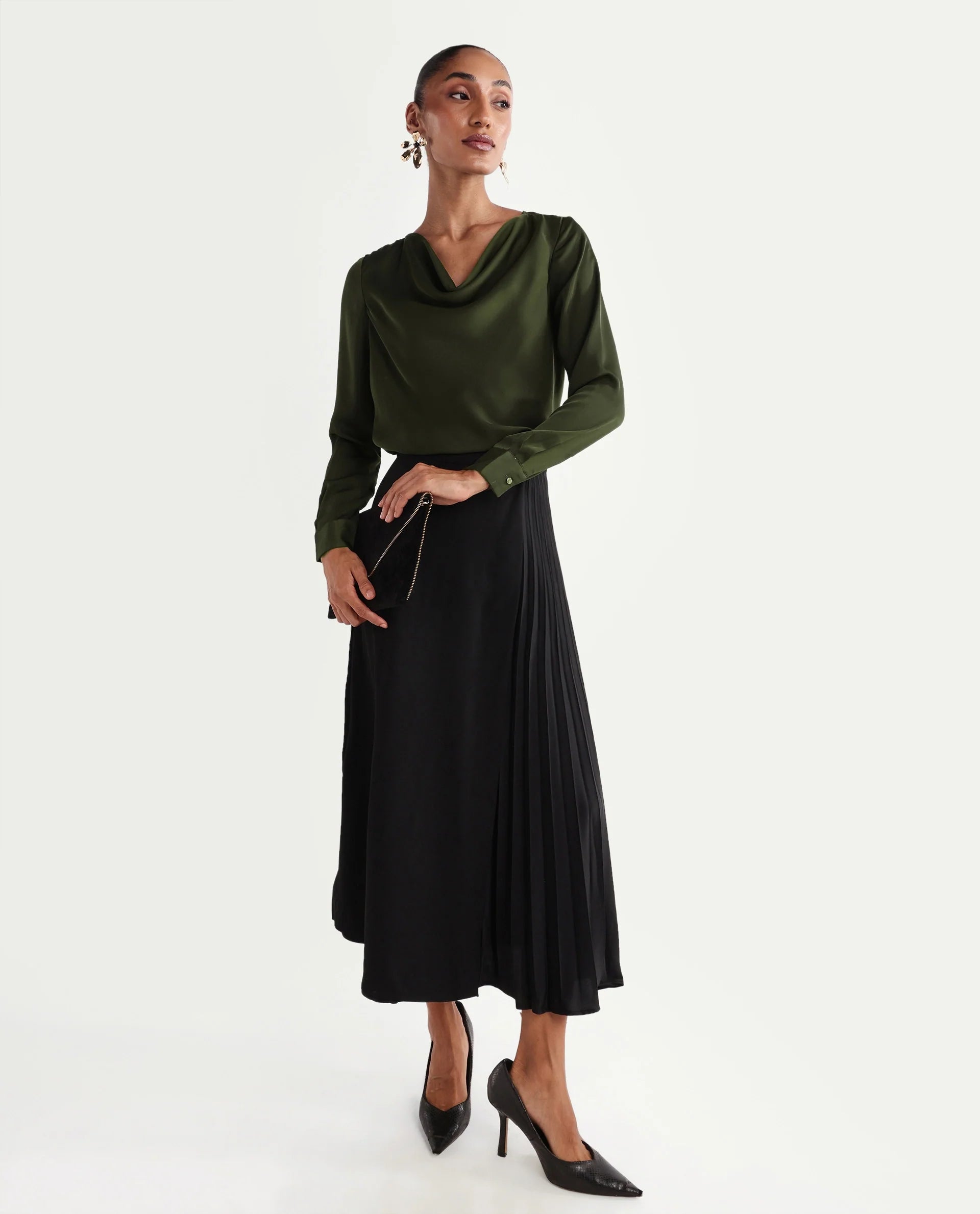Rareism Women's Avier Olive Polyester Full Sleeve Cowl Neck Regular Fit Plain Top