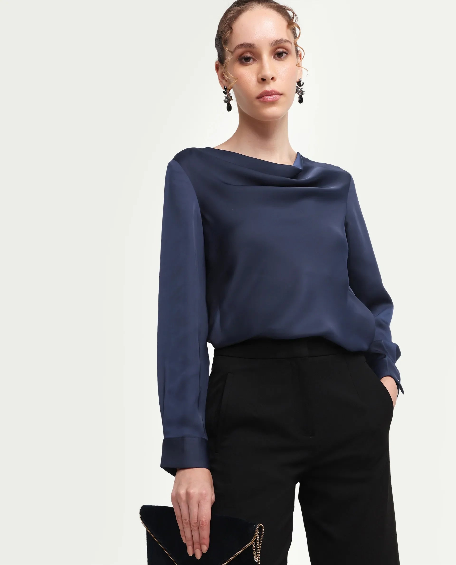 Rareism Women's Avier Navy Polyester Cowl Neck Regular Fit Plain Top