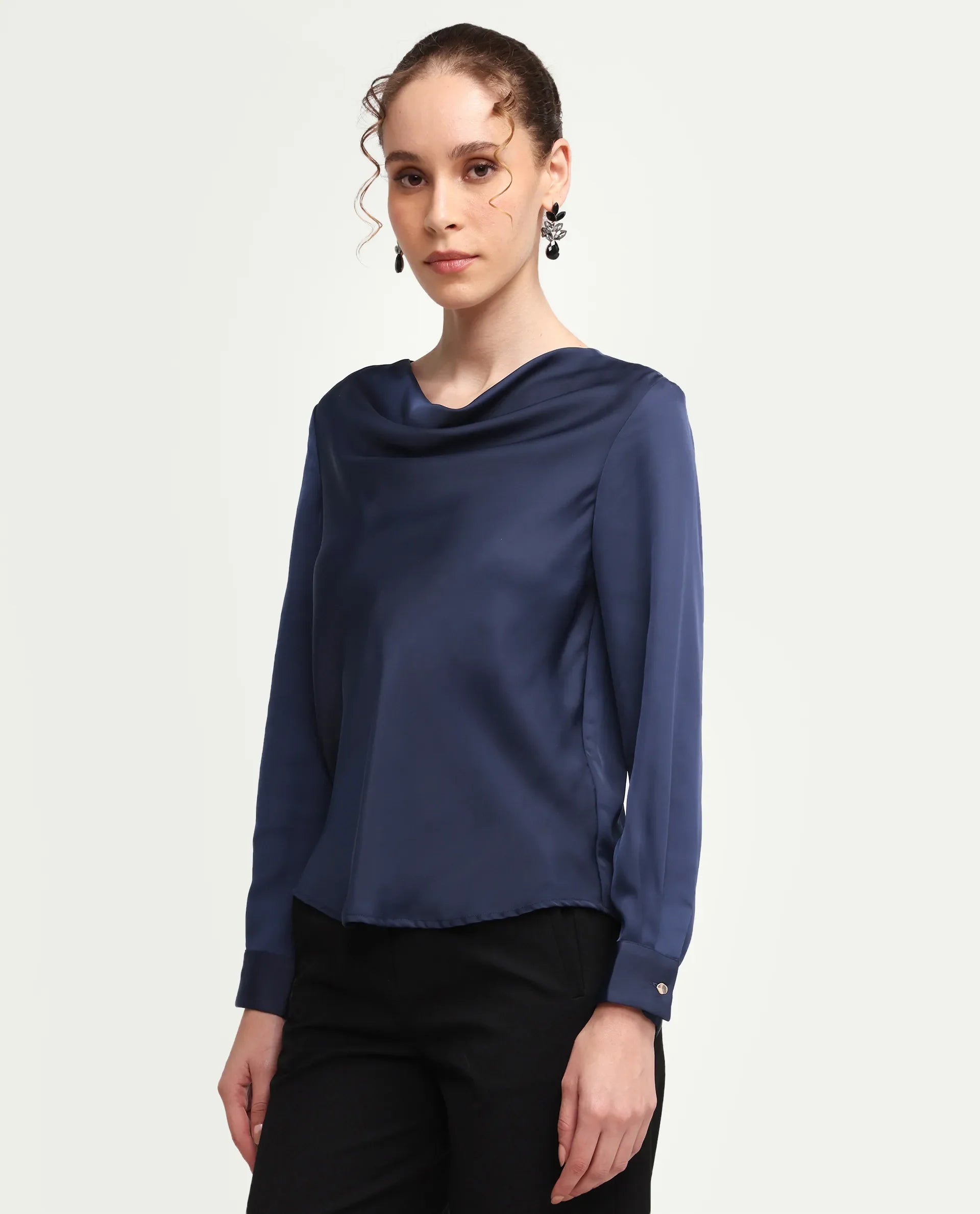 Rareism Women's Avier Navy Polyester Cowl Neck Regular Fit Plain Top